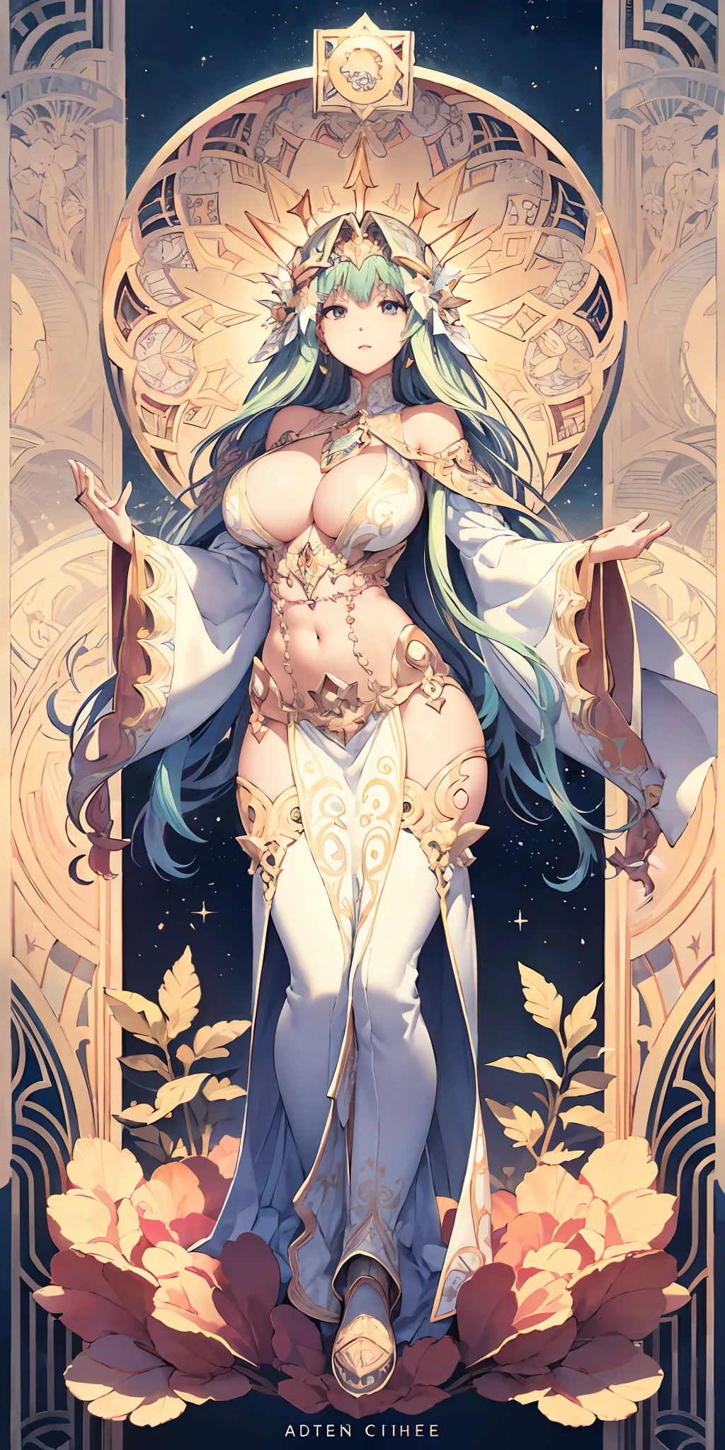Goddess Gaia, Mother God,august,Great,huge tit,white apparel,full bodyesbian,Flower frame,Decorative panels, abstract artistic, Alphonse Mucha (tmasterpiece, best qualtiy, A high resolution: 1.4), A detailed, Complicated details, 4K, Color splattering, Line art, Fibonacci, starrysky, natta, exteriors, Clouds, Reflectors, Eau, magick, (tarot cards),Cards, ((beautiful golden crystal star)) buliding, palaces, Patterned, Sumeru, Clouds, themoon