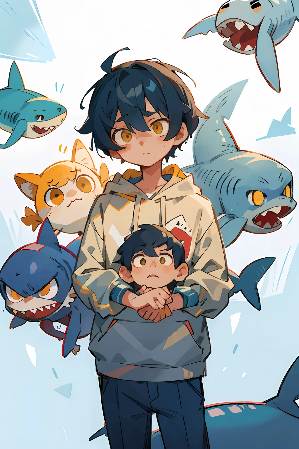 Best quality, Masterpiece, schoolboy, Shark pattern clothes, Hoodies, Blue hair,Height above 180, hair on one eye, Yellow eyes, Expressionless