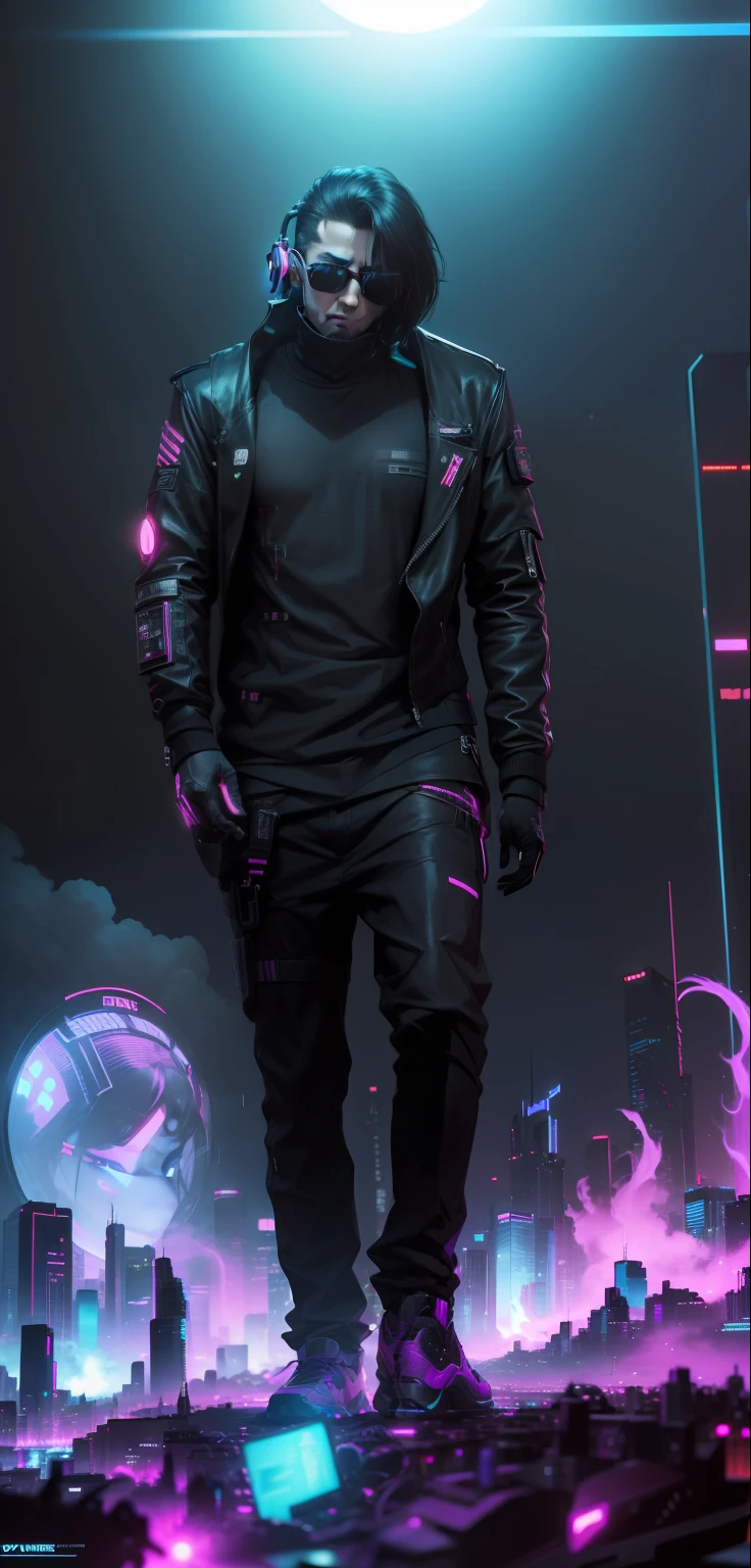 Remove background real face, a man in a black jacket and glasses stands in front of a futuristic city, vr game, cyberpunk vibe, cyberpunk vibes, deeper into the metaverse we go, has cyberpunk style, cyberpunk theme, in cyber punk 2077, cyberpunk futuristic, cyberpunk future, synthwave, wearing cyberpunk streetwear, futuristic cyberpunk, cyberpunk tech, retro cyberpunk, synthwave style