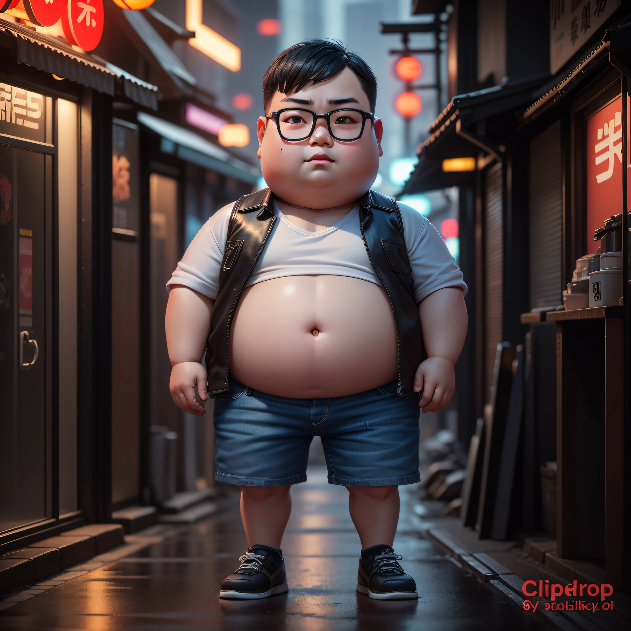 photographic portrait full body 3d render of young chubby ********* chinese man, wear spectacle, wear white tank top, wear blue denim shorts, dark short hair, chubby face, detail face, realistic eyes, detail fingers, as a full body funko pop toy, cyberpunk japan background, sigma 85mm f/1.4, 15mm, 35mm, 4k, high resolution, 4k, 8k, hd, full color, photo realistic street with cyberpunk blade runner japan at night style