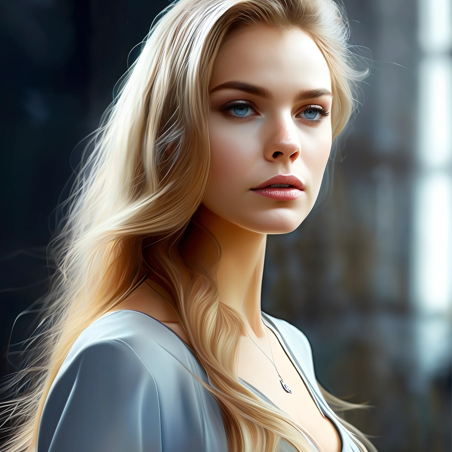 high weist image of  young blonde beautiful girl portrait that  resilience, and beauty. Feyre's portrait should frame her face, allowing her captivating features to take center stage. Start with her  blue eyes, the windows to her soul. They are vibrant and expressive, reflecting a depth of emotions accumulated through her journey.  Her strong jawline and high cheekbones reveal her determination and resilience, while her soft, full lips convey her capacity for love and compassion. Her long blonde, flowing hair should cascade around her shoulders, in light blue shimmery (fantasy dress)(star in background in night) standing on mountain