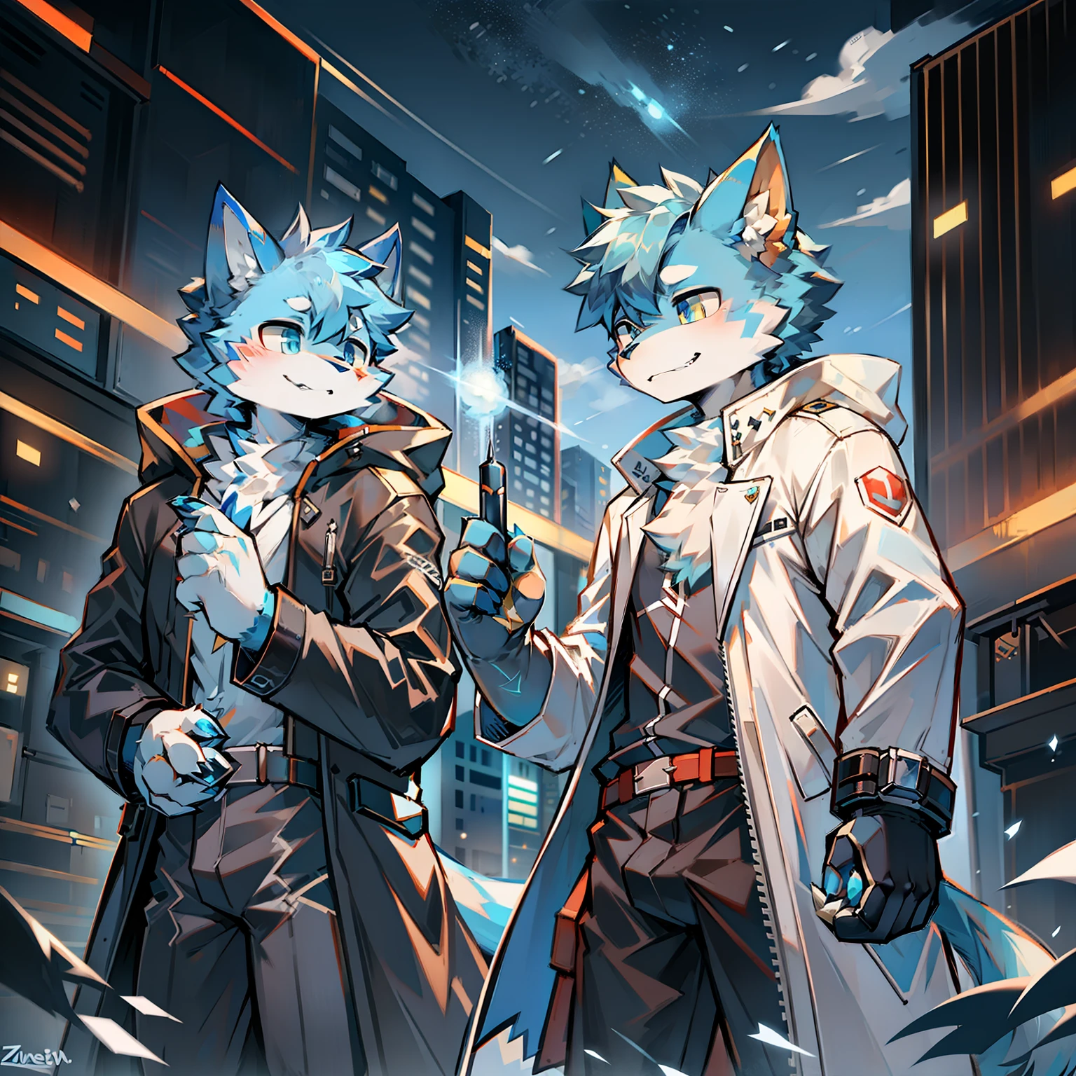 Cybermetropolis，Thunder，drifting snow，Male mechanical blue cat，Chinese trench coat，firmament，shoun