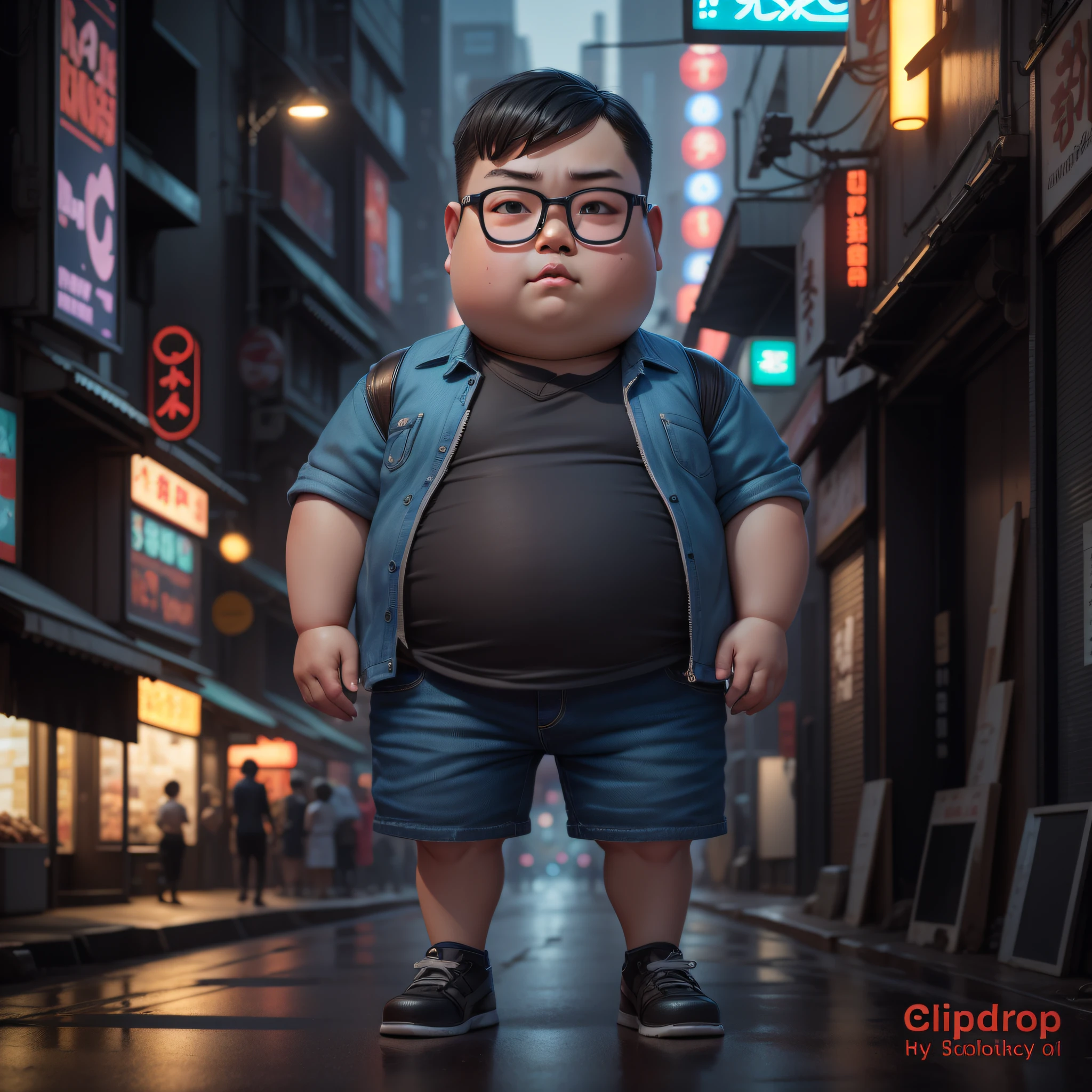 photographic portrait full body 3d render of young chubby  chinese man, wear spectacle, wear white tank top, wear blue denim shorts, dark short hair, chubby face, detail face, realistic eyes, detail fingers, as a full body funko pop toy, cyberpunk japan background, sigma 85mm f/1.4, 15mm, 35mm, 4k, high resolution, 4k, 8k, hd, full color, photo realistic street with cyberpunk blade runner japan at night style