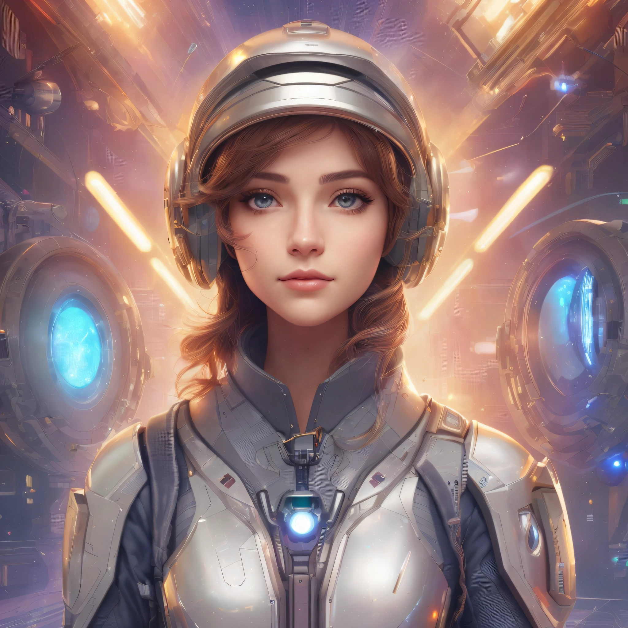 Close-up of a woman wearing a helmet，The background is futuristic, Retrato Armored Astronauta Menina, portrait anime space cadet girl, portrait beautiful sci - fi girl, Cute cyborg girl, futuristic art style, 4K detailed digital art, beautiful girl cyborg, 4k highly detailed digital art, sci-fi woman, portrait futuristic solider girl, Science-fi digital art illustration