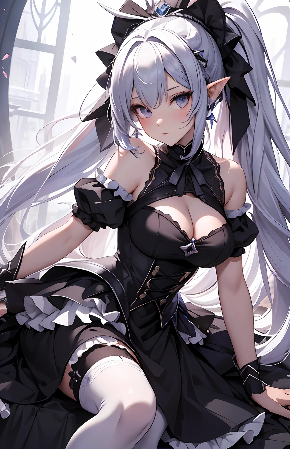 best qualityer,tmasterpiece,Ultimate resolution,downy,Extremely colorful,Colorful,Elven girl,full bodyesbian,Black and white double ponytail,ta long dress, Two long legs of white stockings,Muffin shoes,closeup of face