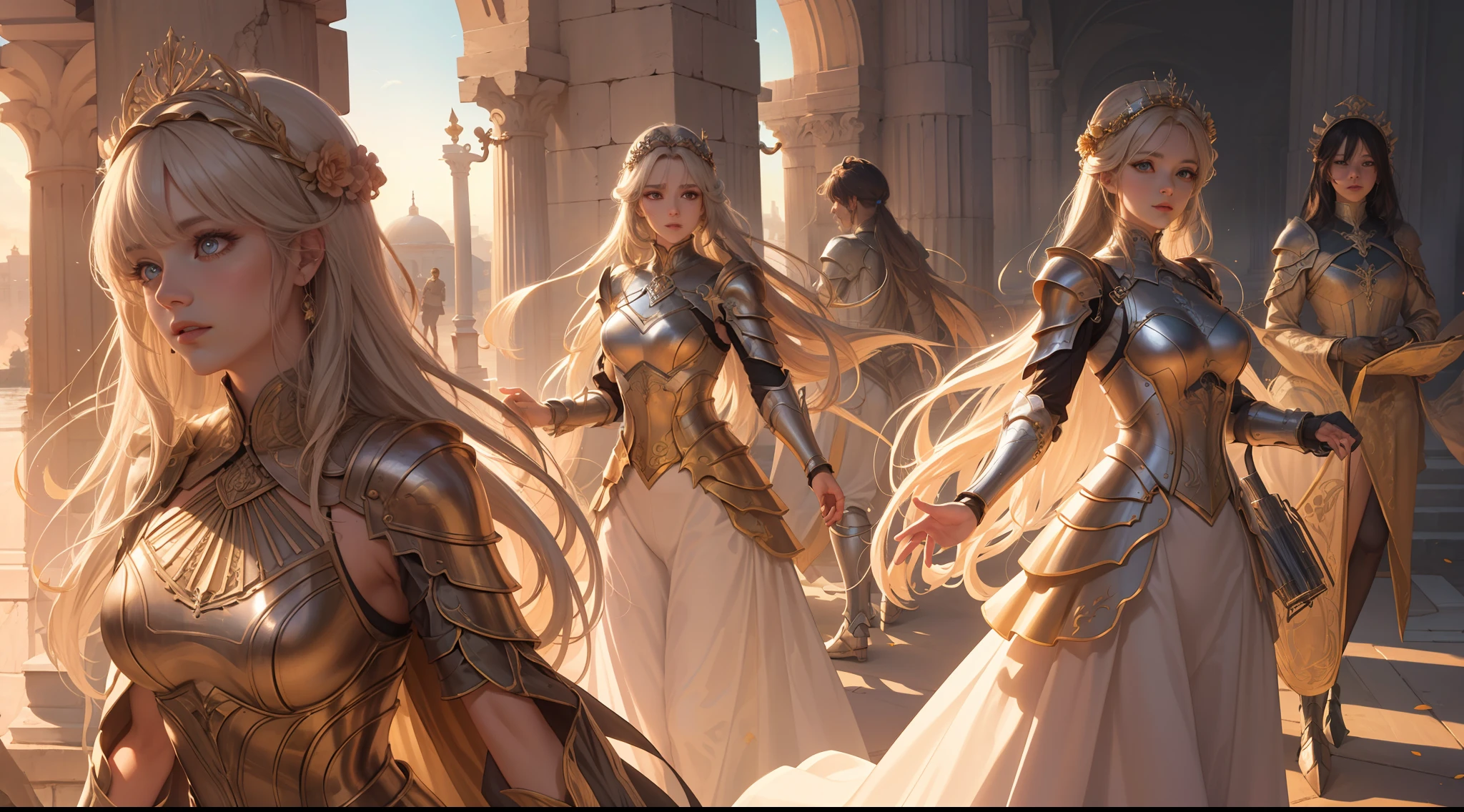 (Extremely detailed Cg Unity 8K wallpaper,Masterpiece, Best quality, Ultra-detailed, Beautiful detailed eyes:1.2),Best illumination, (Best shadow, An extremely delicate and beautiful, full bloom),
1girll,Solo,Large breasts，Heavy armor，complex patterns，Long hair,Film filter, Greek temple，dramatics，dynamicposes，illusory engine， (High detail: 1.9)