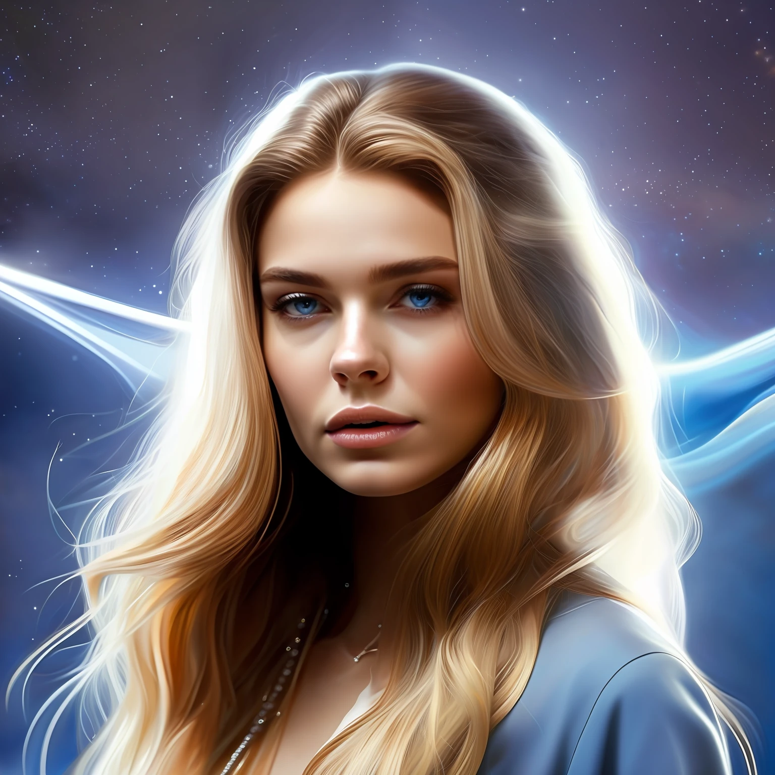 high weist image of young blonde beautiful girl portrait that resilience, and beauty. Feyre's portrait should frame her face, allowing her captivating features to take center stage. Start with her blue eyes, the windows to her soul. They are vibrant and expressive, reflecting a depth of emotions accumulated through her journey. Her strong jawline and high cheekbones reveal her determination and resilience, while her soft, full lips convey her capacity for love and compassion. Her long blonde, flowing hair should cascade around her shoulders, in light blue shimmery (fantasy dress)(star in background in night) standing on mountain