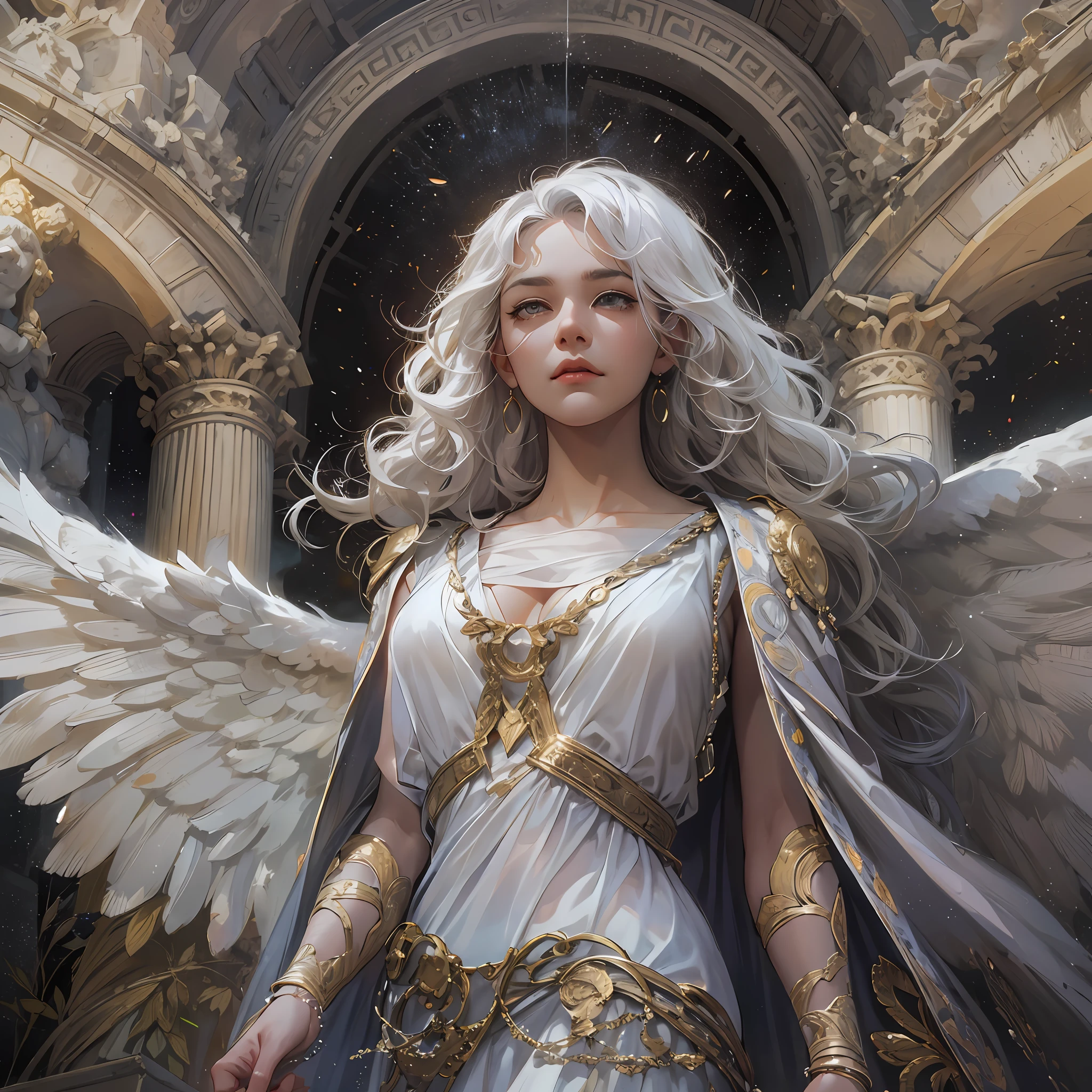 (absurdres, highres, ultra detailed), 1woman, mature female, aged up, wavy long hair, white hair, black eyes, bangs, long sleeves, finely detailed eyes and detailed face, extremely detailed CG unity 8k wallpaper, intricate details,  looking down, solo, half shot, detailed face, stoic expression, dynamic pose, flowing hair, classical era, (ancient roman theme:1.1), angel wing, roman mythology,  Roman empire,  Capua, ancient vineyard, oracle,  cape,  iron accessories, ancient theme, (flourishing civilization:1.1), pristine white marble, (intact:1.1) marble buildings,  hills in background, brazier, burning embers, night, darkness, stars, aura of light, majestic atmosphere, floating stone particles,, portrait, wind swirling