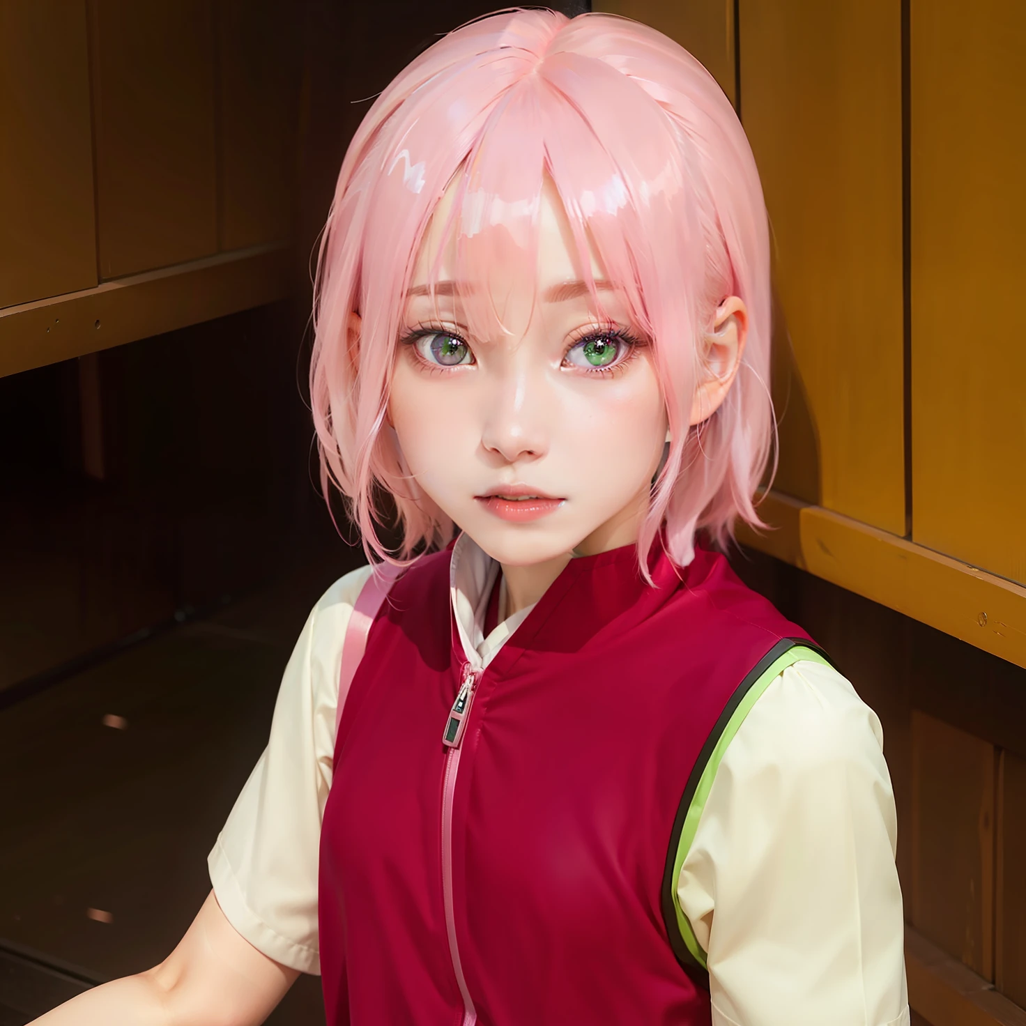 1girl, haruno sakura, pink hair, red clothes, green eyes, realistic, ultra detail