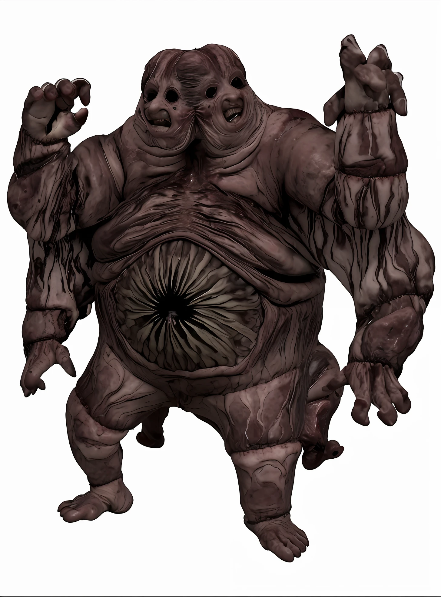 Criatura grande de carne, morto-vivo, two horrible heads, face monstruosa com dentes pontudos e sem olhos, carne exposta, boca gigante cheia de dentes na barriga, boca na barriga, Four arms, quatro pernas, costuras mal feitas, coberto de sangue vermelho, 4K, realista, textura de carne extremamente realista, detalhado, HD, criatura grotesca, zumbi de carne, veias pulsantes, sangue, terrible amalgam of flesh