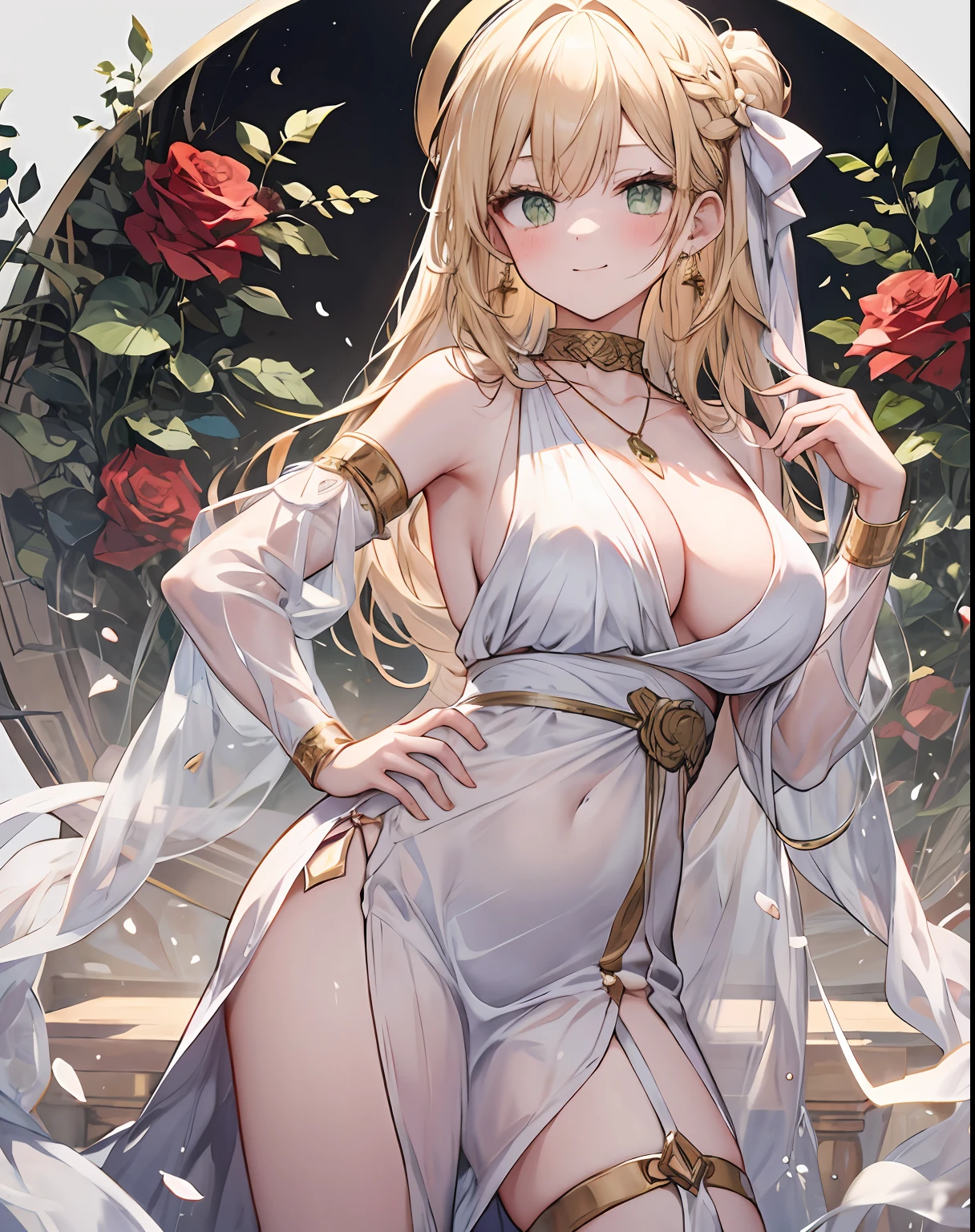 greek clothes, peplos, 1girl, breasts,blonde hair, ahoge, green eyes, flower, hair intakes, looking at viewer, large breasts, solo, rose, jewelry, bangs, hand on hip, ribbon, thighs, collarbone, white background, smile, detached sleeves, braid, hair ribbon, sword, french braid, thighlet, cleavage, simple background, red ribbon, earrings, long sleeves, red rose, mouth hold, blush, long hair, necklace