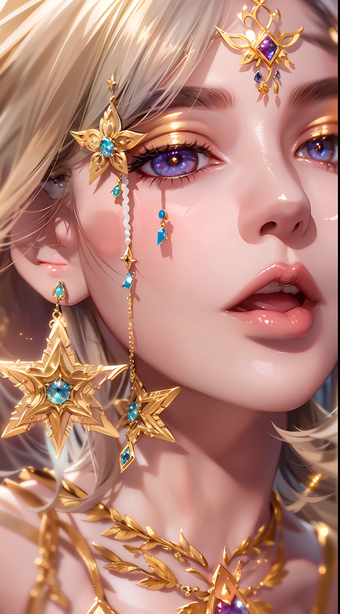Ultra transparent 8k wallpaper, Brilliant depiction of details, Charming and energetic breeze, Mysterious and seductive angle, Glamorous and glamorous gold-rimmed star-shaped eye ornament, Attractive necklace jewelry, Mesmerizing eye detail, Perfectly presented big eyes，Model standing，Female pervert