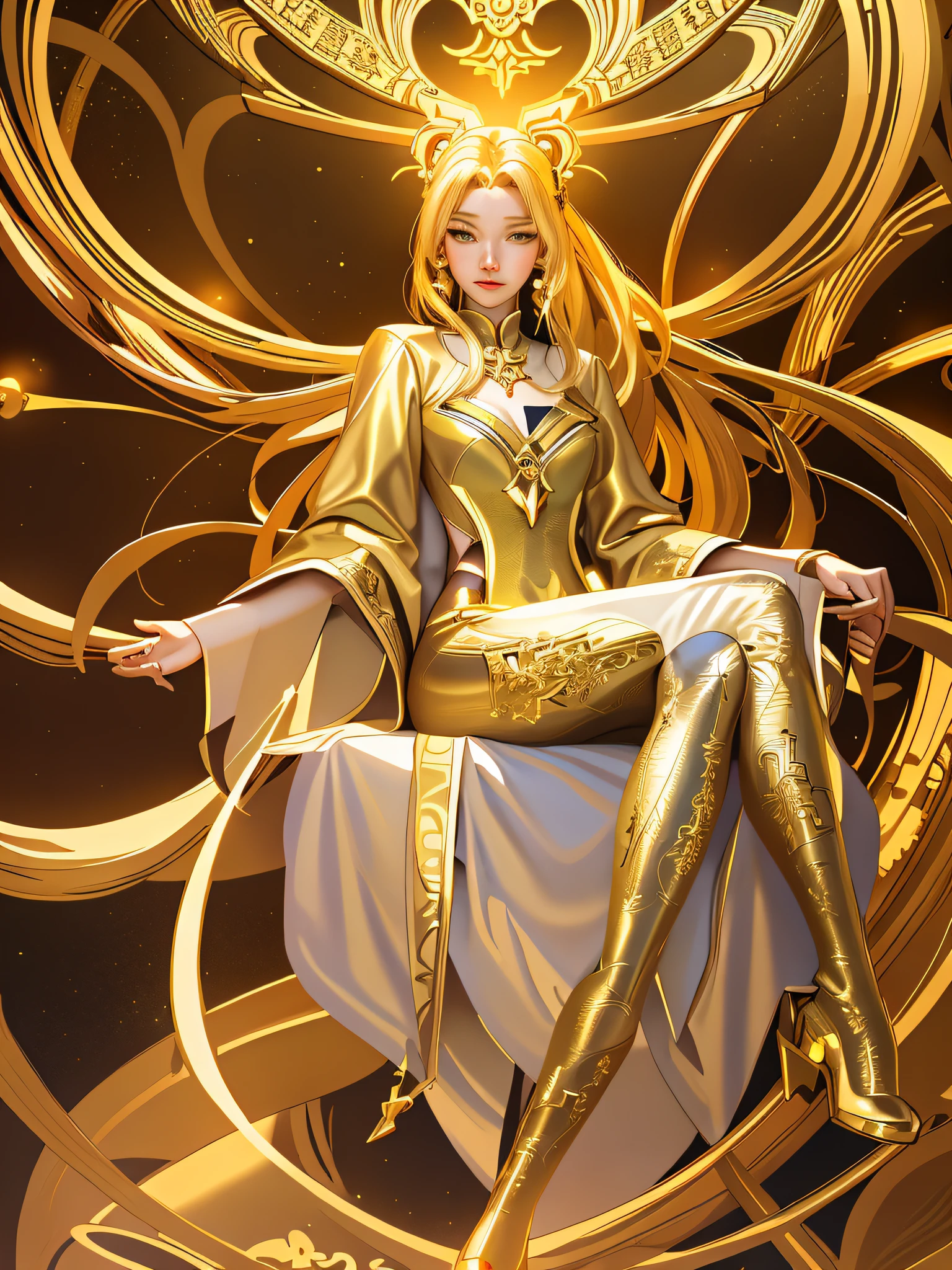 Anime - Women in golden clothes sitting on golden chairs，anime goddess，a beautiful fantasy empress，Works by Yang J，Fantasy Queen，Zodiac Girl Knight，beautiful celestial mage，full-body xianxia，long-haired blonde anime girl，a golden halo，heise jinyao，gilded lotus princess