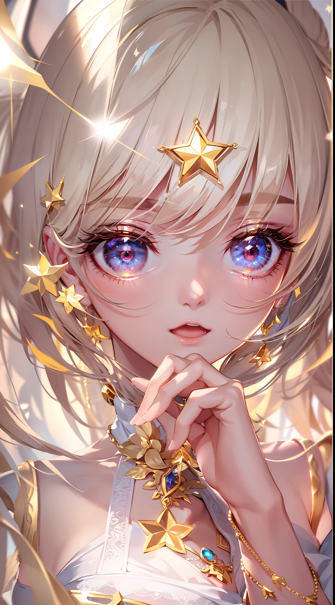 Ultra transparent 8k wallpaper, Brilliant depiction of details, Charming and energetic breeze, Mysterious and seductive angle, Glamorous and glamorous gold-rimmed star-shaped eye ornament, Attractive necklace jewelry, Mesmerizing eye detail, Perfectly presented big eyes，Model standing，Female pervert