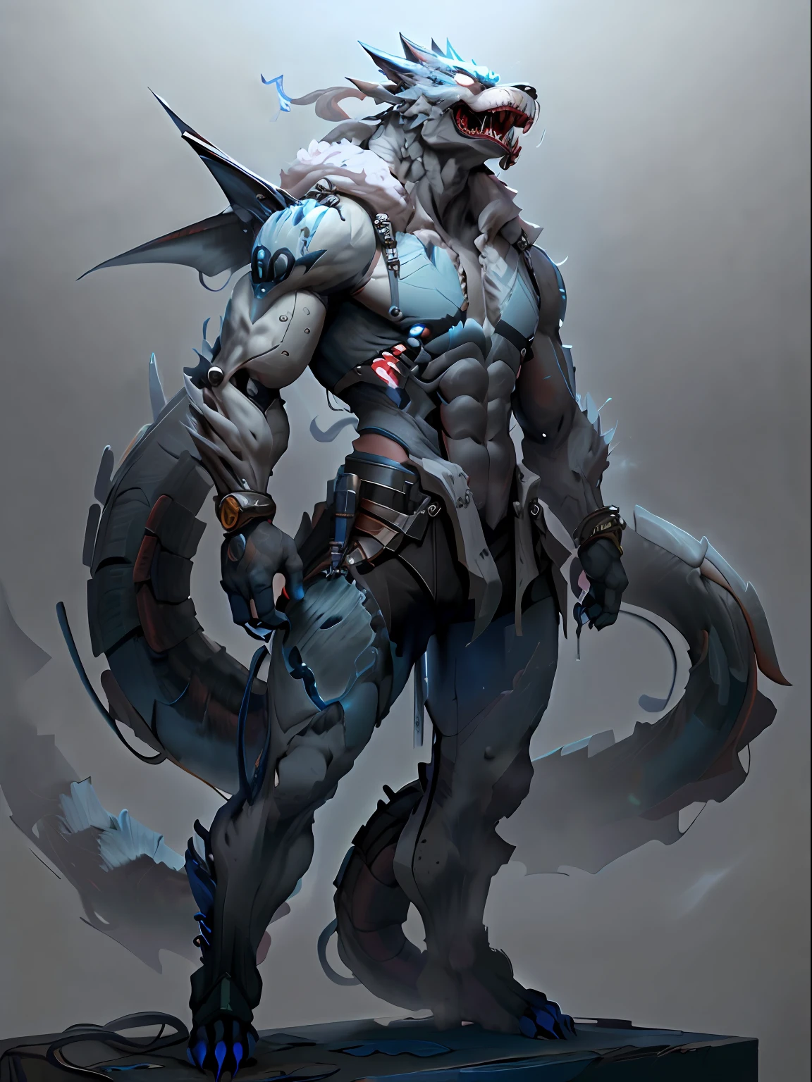 Artificial Intelligence Dragon Man,Full body like,Furry werewolves,A pair of dragon wings,All-black rubber shorts,Whole body body body body fluids,Black skin,Chemical and biological weapons,blue stripe,blue color eyes,sharp talons,Lower body outflow fluid,standing on your feet,drools,In the gas chambers,Stick out her tongue,Lick the skin,Master the magic,Ice on your hands,adolable,ssmile,Handsome,big wolf tail