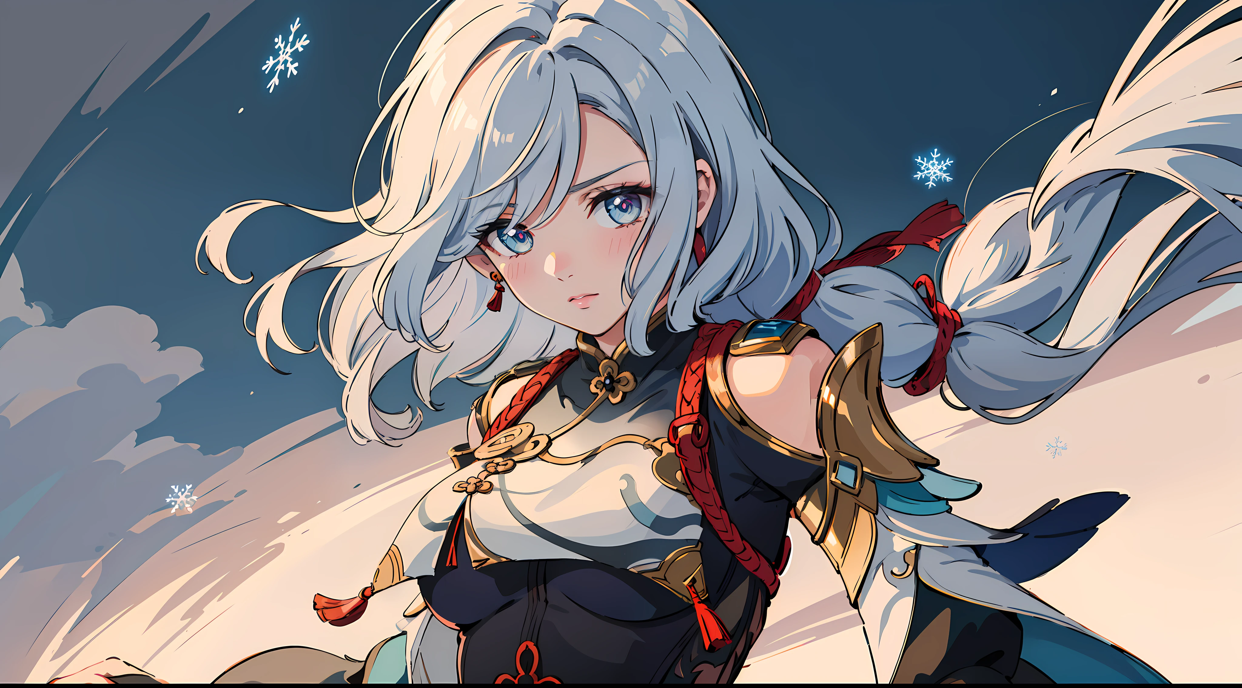shenhedef, upper body, seductive look, blush, outdoors, snowflake scenery, looking at viewer, cloudy, moody lighting, (perfect detail eyes:1.2), glowing eyes, (long hair one braid:1.2), elemental skill effect, (Masterpiece, Best Quality, High Quality:1.4), professional artwork, Intricate Details, field of view, sharp focus, detailed painting, photorealistic lighting, trending on pixiv, (vivid lighting, vibrant colors:1.05), realistic shadows, ambient occlusion, (athletic body:1.3), mature woman, 30yo,
