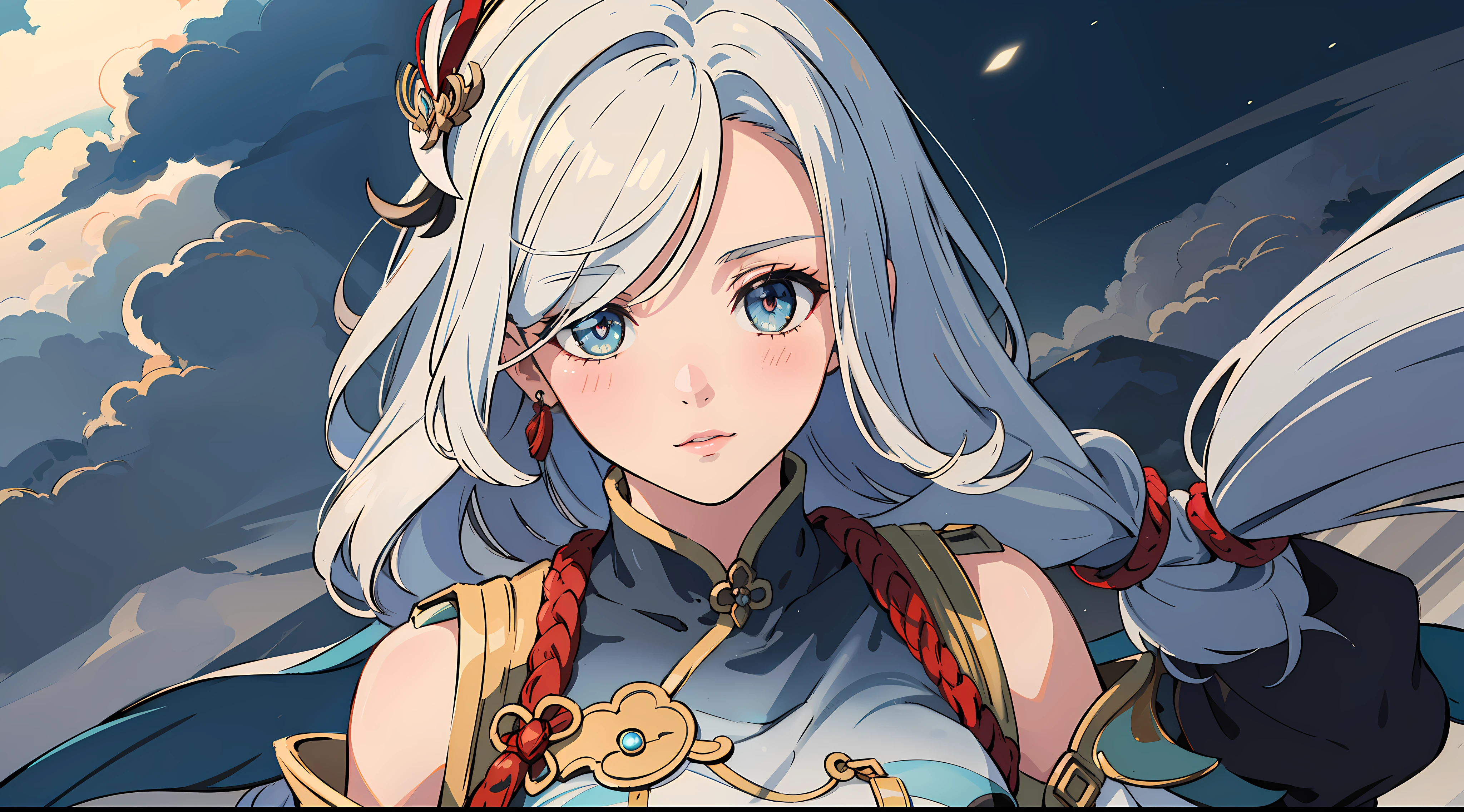 shenhedef, upper body, seductive look, blush, outdoors, snowflake scenery, looking at viewer, cloudy, moody lighting, (perfect detail eyes:1.2), glowing eyes, (long hair one braid:1.2), elemental skill effect, (Masterpiece, Best Quality, High Quality:1.4), professional artwork, Intricate Details, field of view, sharp focus, detailed painting, photorealistic lighting, trending on pixiv, (vivid lighting, vibrant colors:1.05), realistic shadows, ambient occlusion, (athletic body:1.3), mature woman, 30yo,