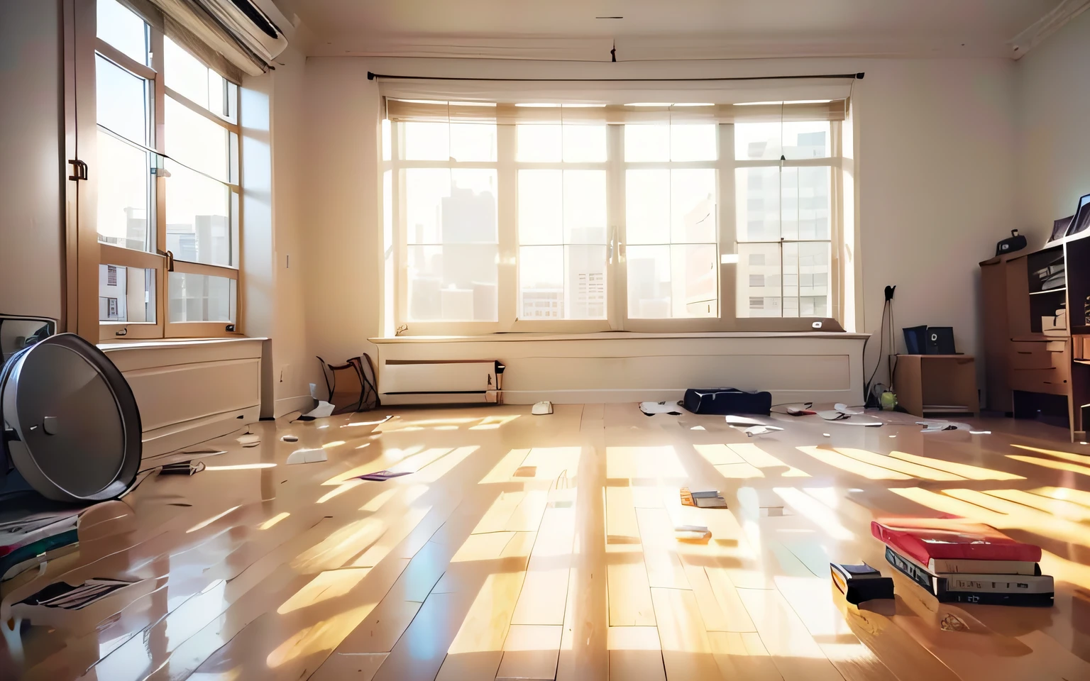 In a brand new and complete room in the middle of the city，Behind is a large window。There are some photos scattered on the ground，Sunlight slanted into the room，The walls are off-white，The perspective is formal，The illustration style is more realistic，Do not appear furniture，There are no books on the ground，The sun is warm and warm