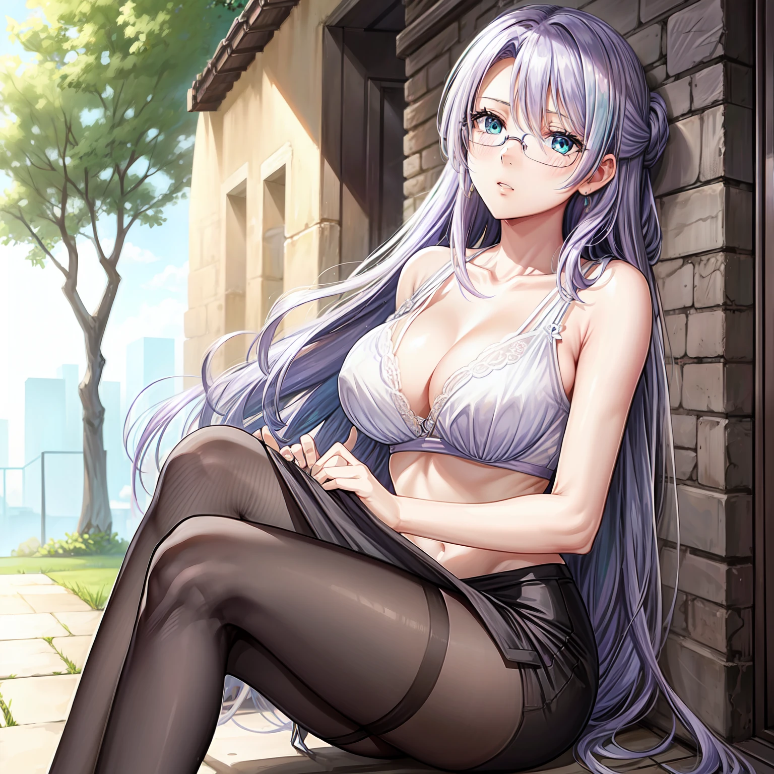 1 girl, lavender hair, long hair, lavender mature half updo, bangs hanging on the left side shoulder length hair strands hanging on either side tucked behind ears, light blue green eyes, Women's rimless glasses, large breast, Women's black sleeveless, see through bra, brown pencil skirt, pair black stocking, outdoor, perfect finger shape, the number of fingers is not excessive