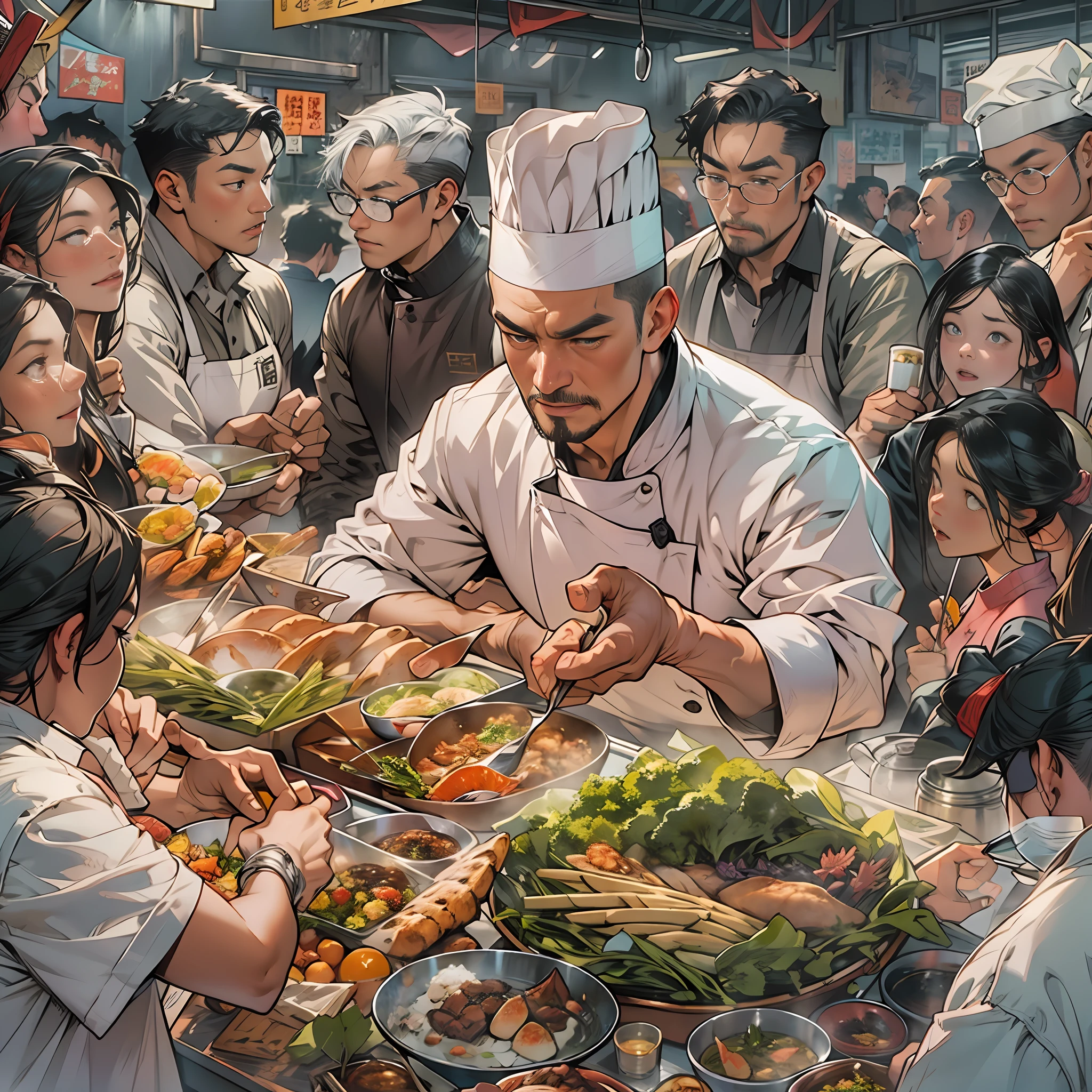 A chef has just set up a food stall，Many people gathered around，The expressions in the crowd revealed surprise and doubt about the price。,in the style of the stars art group xing xing, marvel comic, Meticulous portraiture, Kawasi, close-up intensity, Familiar domestic scene, Xu Beihong, 32K, Best quality, Masterpiece, Super detail, High details