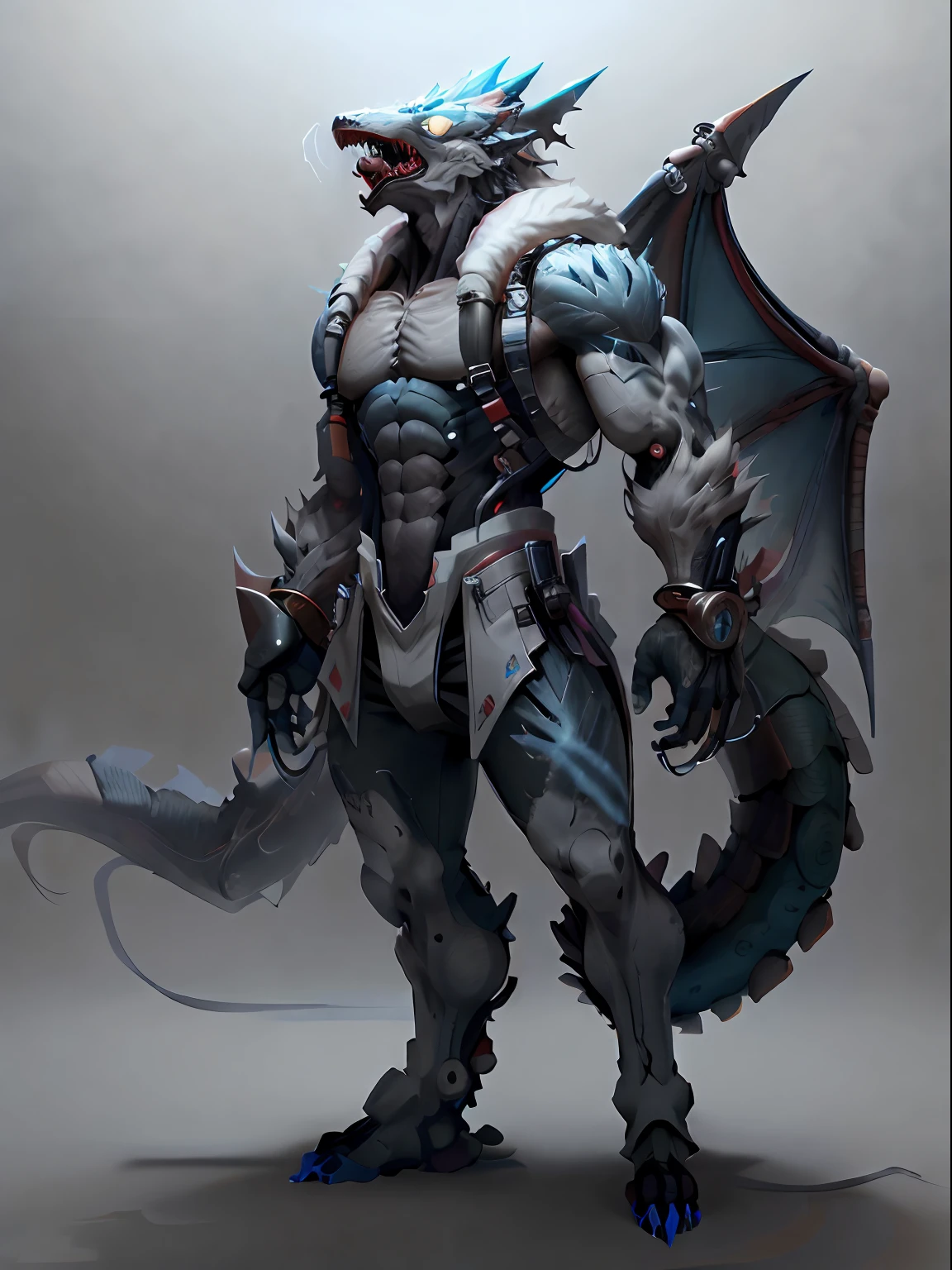 Artificial Intelligence Dragon Man,Full body like,Furry werewolves,A pair of dragon wings,All-black rubber shorts,Whole body body body body fluids,Black skin,Chemical and biological weapons,blue stripe,blue color eyes,sharp talons,Lower body outflow fluid,standing on your feet,drools,In the gas chambers,Stick out her tongue,Lick the skin,Master the magic,Ice on your hands,adolable,ssmile,Handsome,big wolf tail