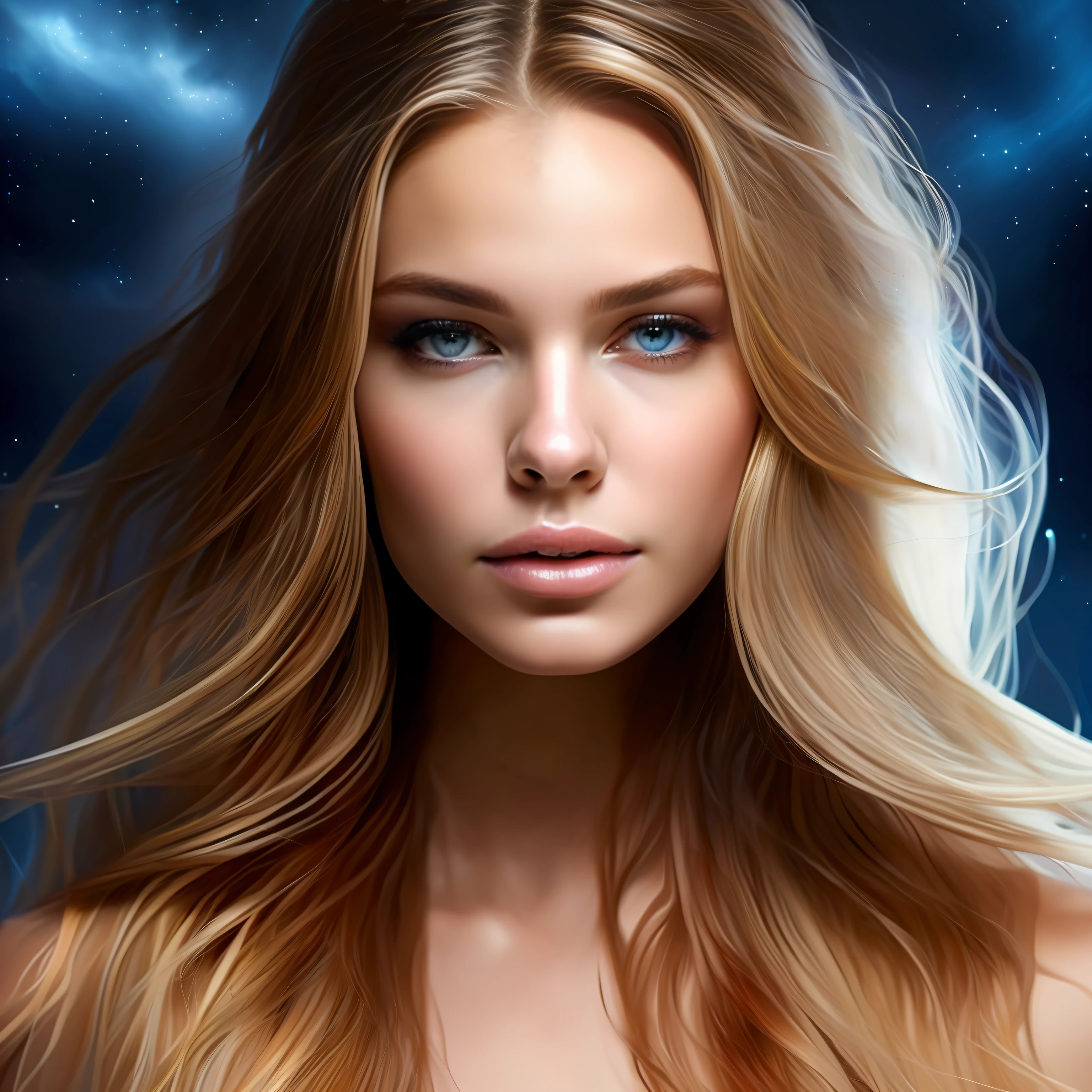high weist image of young blonde beautiful girl portrait that resilience, and beauty. Feyre's portrait should frame her face, allowing her captivating features to take center stage. Start with her blue eyes, the windows to her soul. They are vibrant and expressive, reflecting a depth of emotions accumulated through her journey. Her strong jawline and high cheekbones reveal her determination and resilience, while her soft, full lips convey her capacity for love and compassion. Her long blonde, flowing hair should cascade around her shoulders, in light blue shimmery (fantasy dress)(star in background in night) standing on mountain