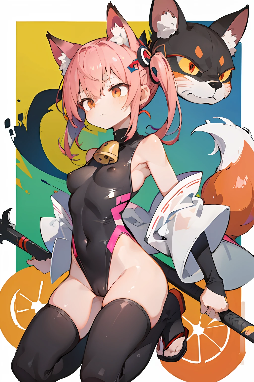 (Masterpiece, Best Quality:1.3),1girl, bangs, bare_shoulders, bell, breasts, covered_navel, dark-skinned_female, dark_skin, detached_sleeves, fox_mask, full_body, geta, gradient, gradient_hair, hair_ornament, holding, holding_weapon, japanese_clothes, jingle_bell, leotard, long_hair, looking_away, mask, medium_breasts, multicolored_hair, ninja, orange_hair, pink_hair, red_eyes, red_legwear, sandals, shiny, shiny_clothes, shuriken_hair_ornament, sleeveless, solo, tied_hair, transparent_background, twintails, two-tone_hair, weapon