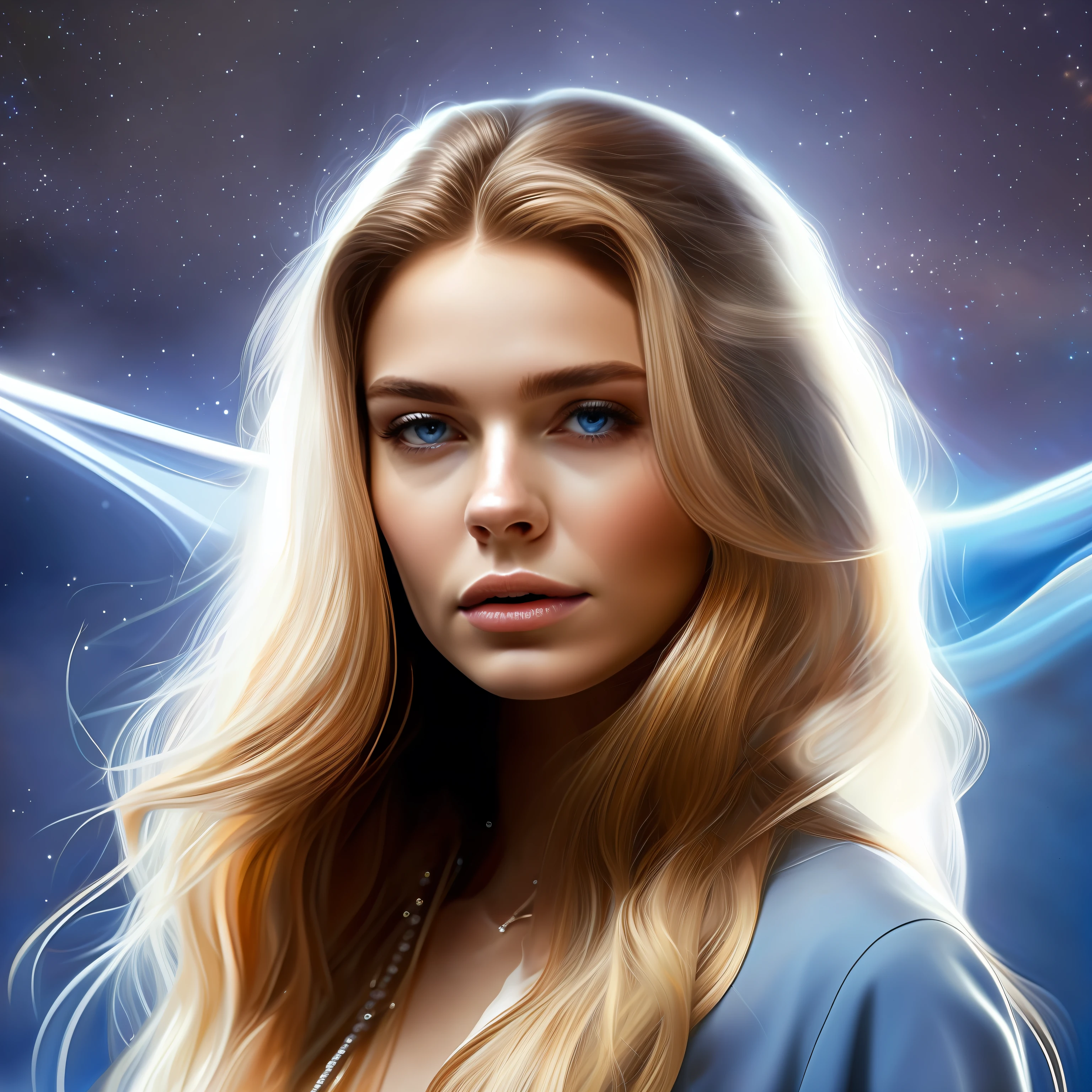 high weist image of young blonde beautiful girl portrait that resilience, and beauty. Feyre's portrait should frame her face, allowing her captivating features to take center stage. Start with her blue eyes, the windows to her soul. They are vibrant and expressive, reflecting a depth of emotions accumulated through her journey. Her strong jawline and high cheekbones reveal her determination and resilience, while her soft, full lips convey her capacity for love and compassion. Her long blonde, flowing hair should cascade around her shoulders, in light blue shimmery (fantasy dress)(star in background in night) standing on mountain