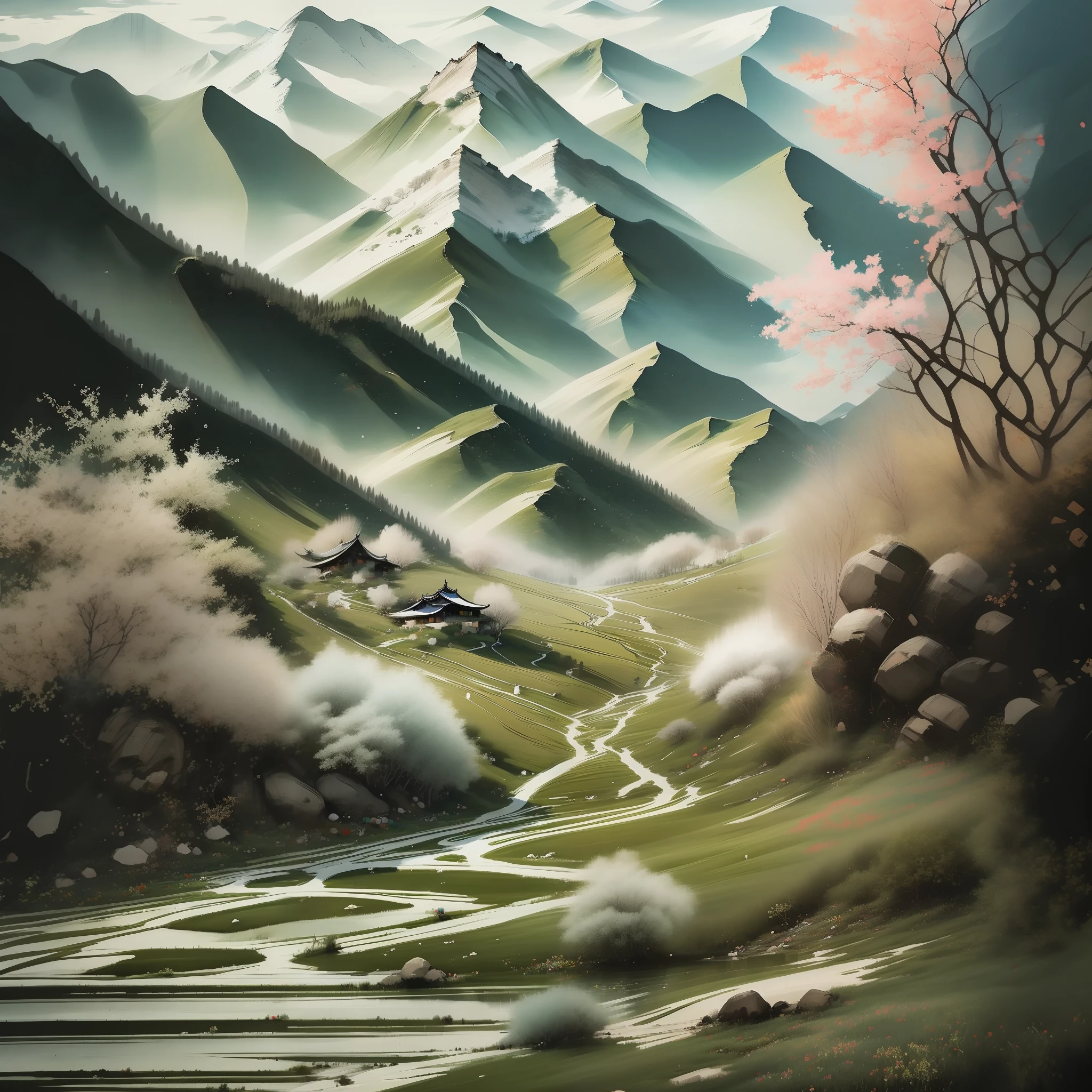 Mountains and mountains,夏天,Snow country at the top of the mountain,Snow Country Palace,10,000 stairs to climb up the rocks,Photorealsitic,Wonderland is ethereal,Chinese classical,Magnificent palace,Immortal Palace,