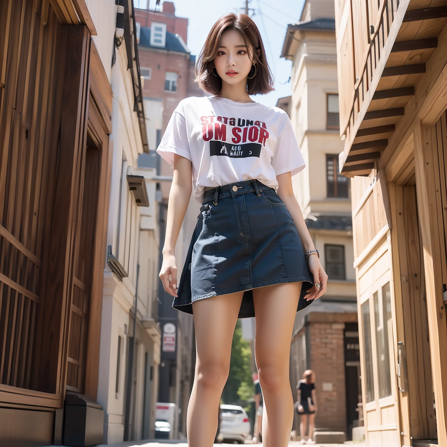 A woman in a short T-shirt skirt,Height 1.8 meters,Tall,Laterally divided hair,Platform sandals,eye makeup,perfect bodies,Amazing