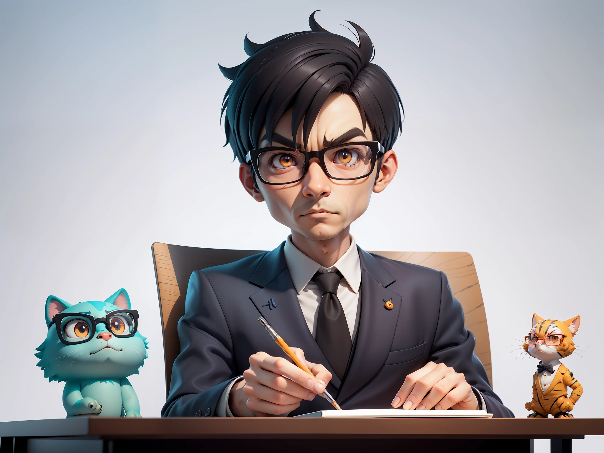 A young man in a suit, Short hair and glasses sat at his desk，holding laptop，digitial painting，tigre，3D character design by Mark Clairen and Pixar and Hayao Miyazaki and Akira Toriyama，4K HD illustration，Very detailed facial features and cartoon-style visuals。