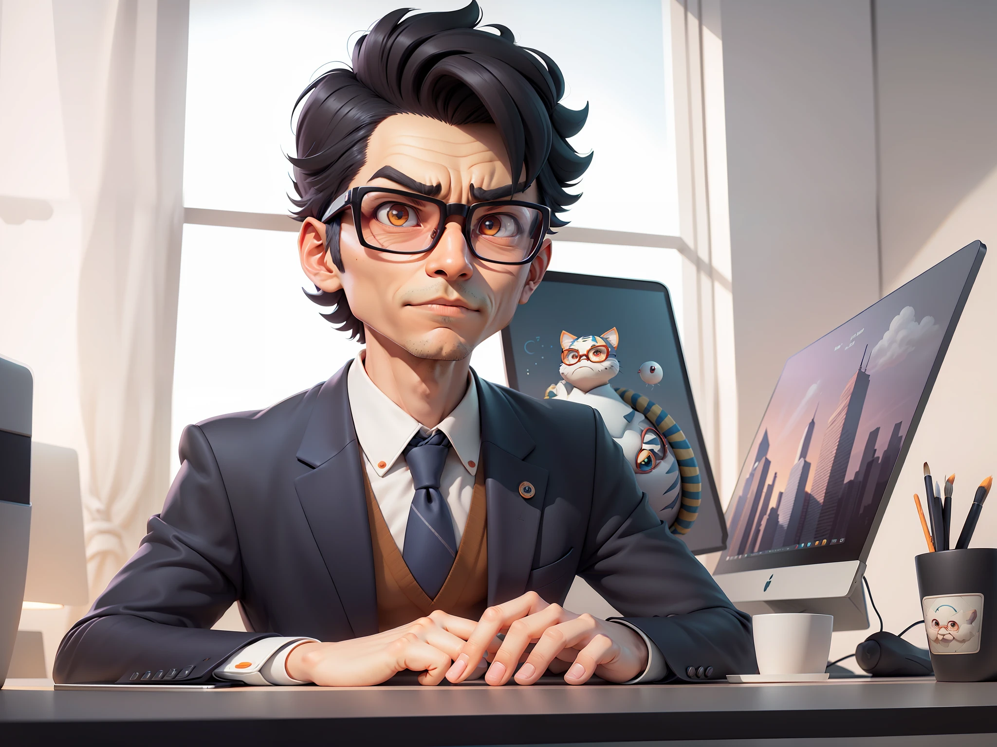 A young man in a suit, Short hair and glasses sat at his desk，holding laptop，digitial painting，tigre，3D character design by Mark Clairen and Pixar and Hayao Miyazaki and Akira Toriyama，4K HD illustration，Very detailed facial features and cartoon-style visuals。