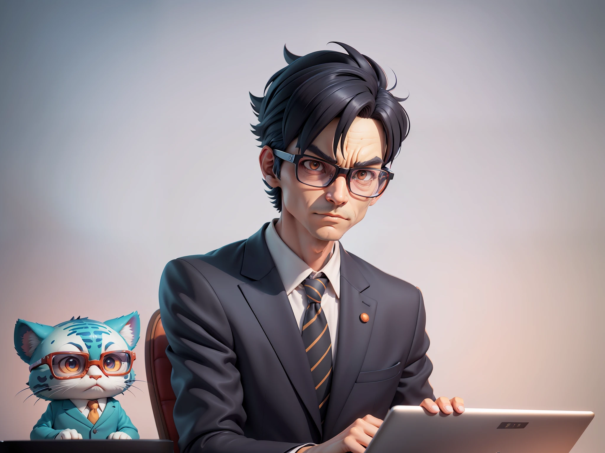 A young man in a suit, Short hair and glasses sat at his desk,holding laptop,digitial painting,tigre,3D character design by Mark Clairen and Pixar and Hayao Miyazaki and Akira Toriyama,4K HD illustration,Very detailed facial features and cartoon-style visuals。