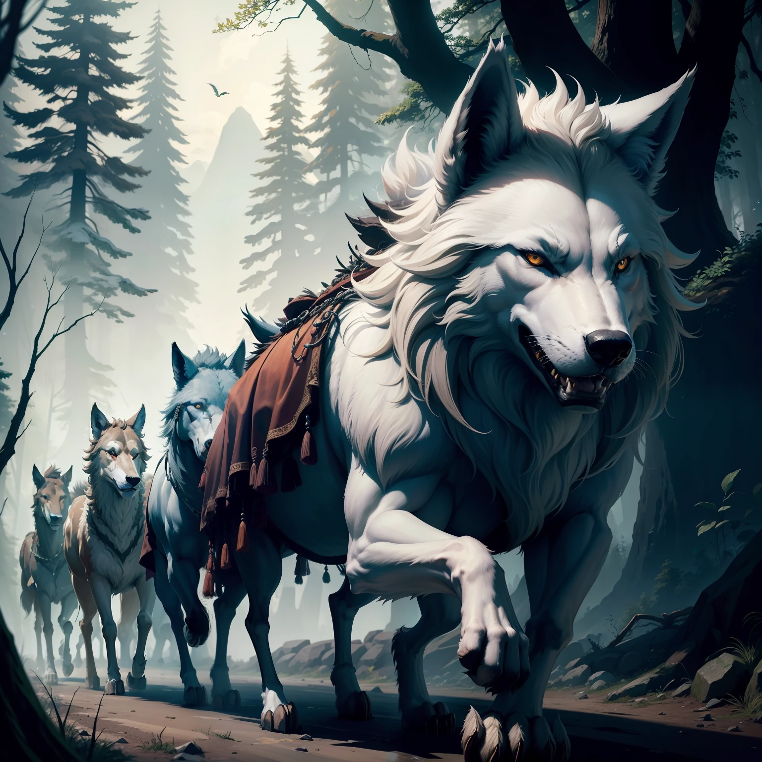 The wolf king of the forest led the pack towards the river ,Proceed with regularity