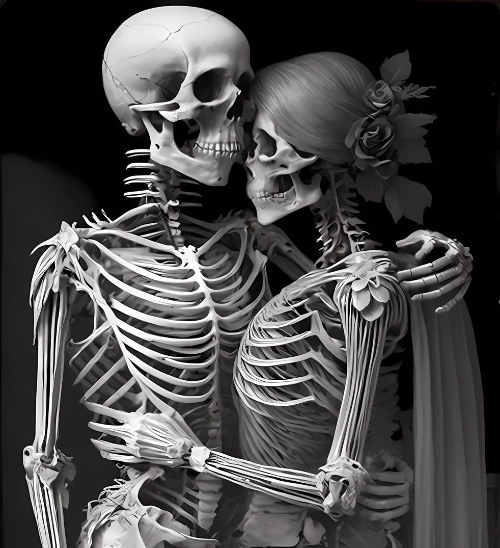 Close-up of a skeleton and a woman hugging, ska skeleton and girlfriend, skeletons, author:Laurie Lipton, hauntingly beautiful art, human bodies intertwined, inspired by Laurie Lipton, detailed and creepy, creepy art, intricate skeletal decorations, beautiful and creepy, Lovers, made of intricate lace skeleton, Half woman, half skeleton