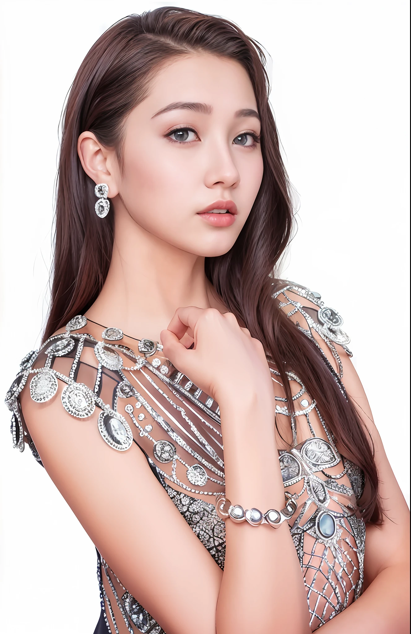 Woman in black dress,white skinned,Beautiful neckline,Black color hair,Smooth neck line,with fair skin,Beautiful and generous