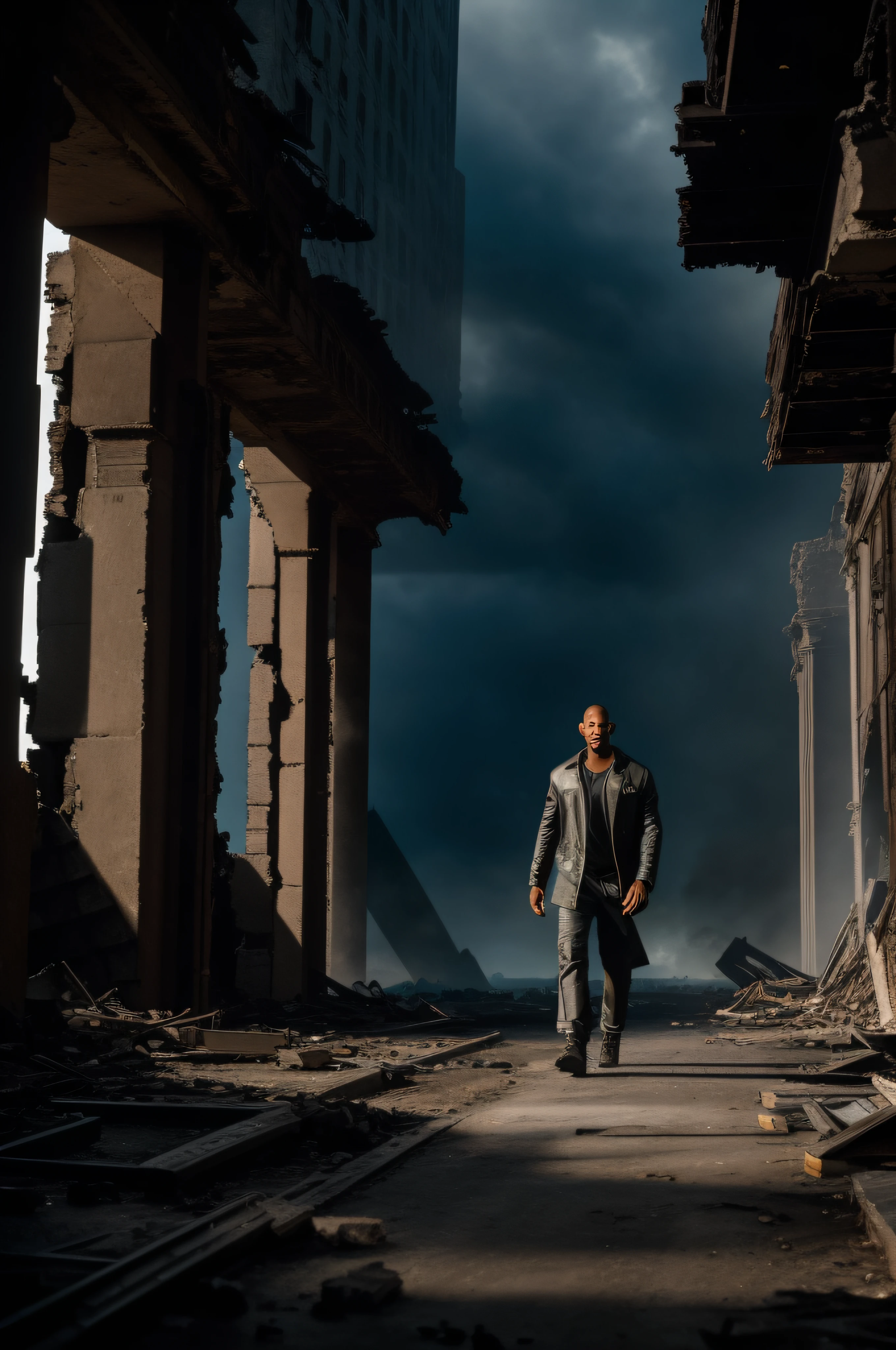 FULL SHOT, ACTOR WILL SMITH WALKS ALONE THROUGH THE RUINS OF NEW YORK FACING THE CAMERA, DRAMATIC LIGHT, POST-APOCALYPSE ATMOSPHERE, SUPER HIGH RESOLUTION, SUPER FINE FOCUS, BEST QUALITY, 32K, HDR, STEVE MCCURRIE STYLE ,HYPERPHOTOREALISM