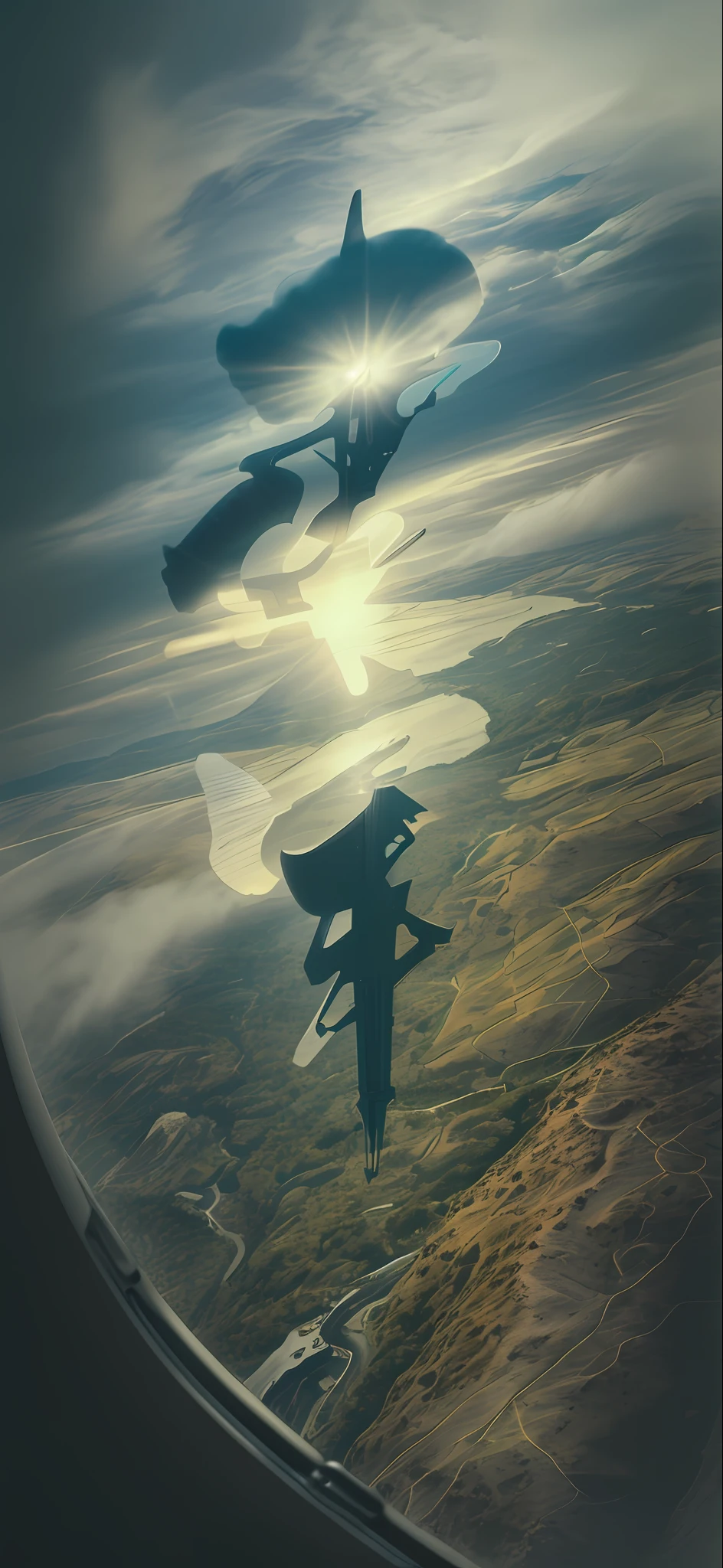 aerial shot，Overlooking，mountain peaks，rios，Meandering，Clouds，(Complicated details)，hdr，(Complicated details，ultra - detailed:1.2)，Cinema lenses，Vignette，at centre