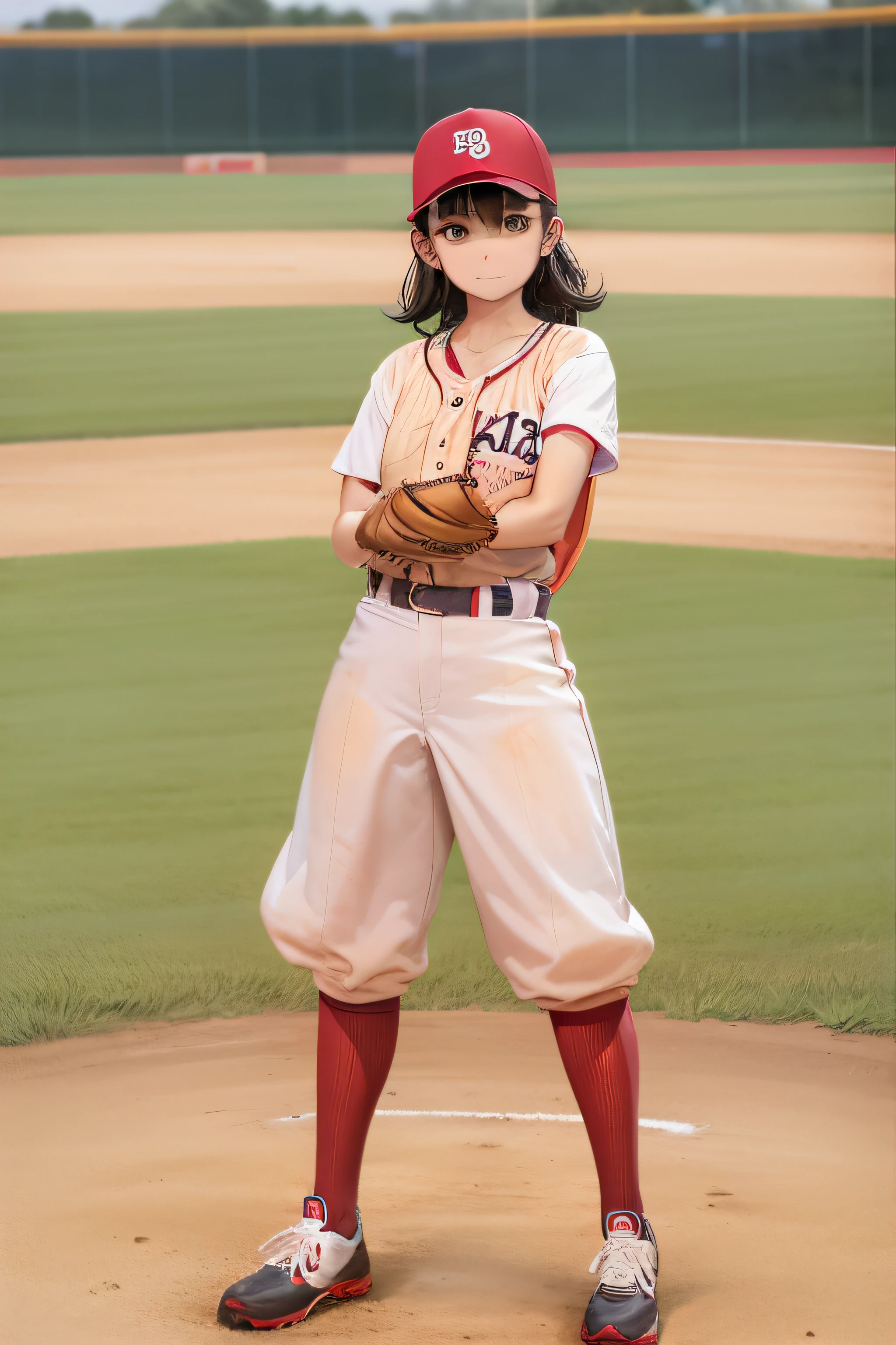 1 woman、Baseball Uniforms、baseball field、Looking at the camera