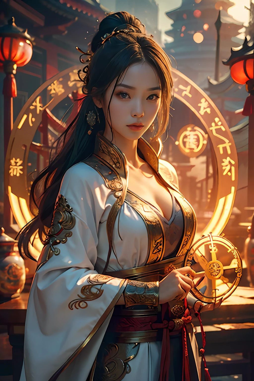 Best quality,masterpiece,ultra high res,(photorealistic:1.4),xiuxian,weapon,Detailed face,
1girl,solo,weapon,cleavage,(magic circle:1.2),xiuxian,upper body,Beautiful girl,full body,east asian architecture,sheath,architecture,