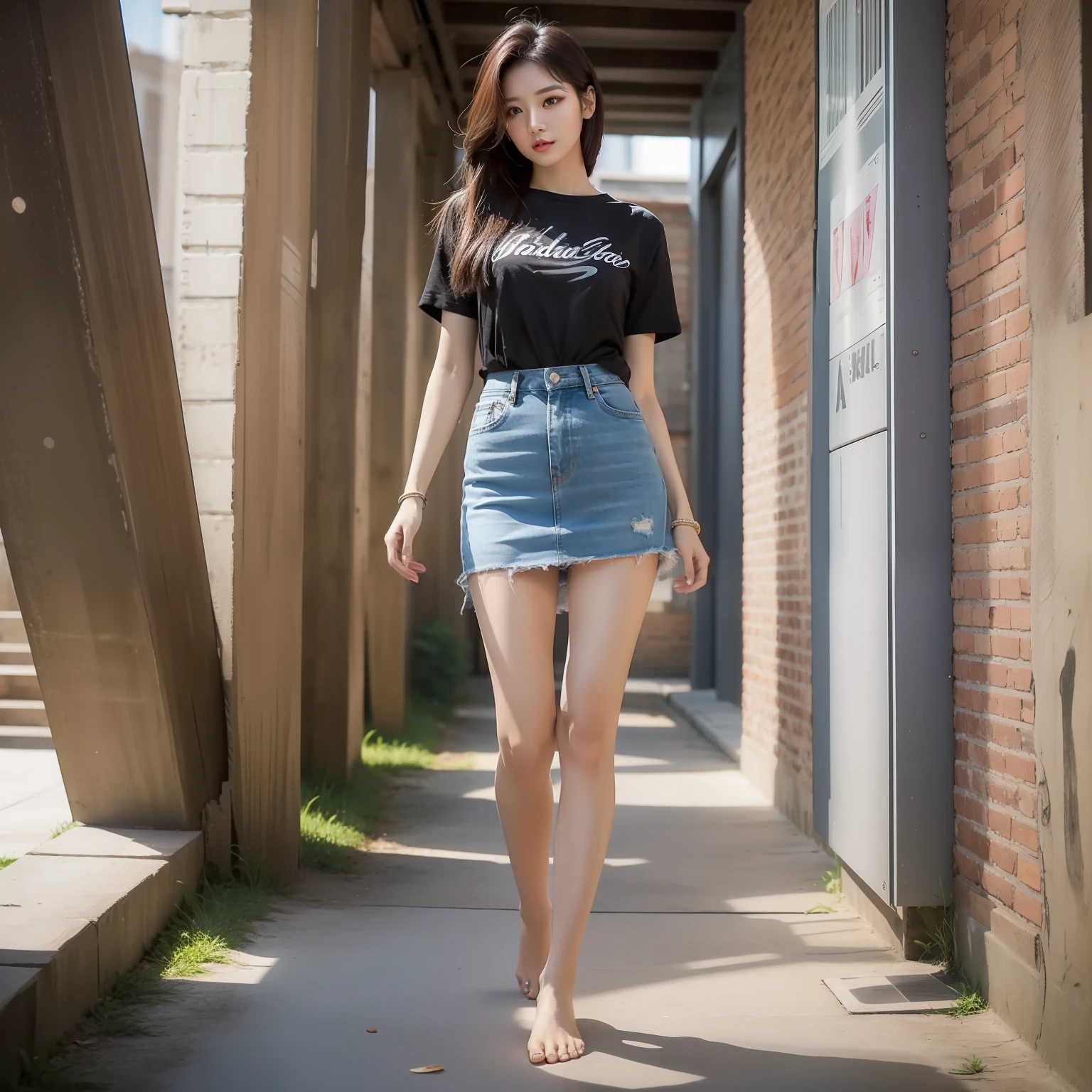 A woman in a short T-shirt skirt，Height 1.8 meters，Tall，Laterally divided hair，Barefoot，eye makeup，perfect bodies，Amazing