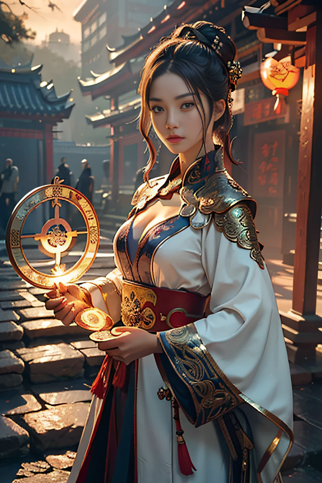 Best quality,masterpiece,ultra high res,(photorealistic:1.4),xiuxian,weapon,Detailed face,
1girl,solo,weapon,cleavage,(magic circle:1.2),xiuxian,upper body,Beautiful girl,full body,east asian architecture,sheath,architecture,