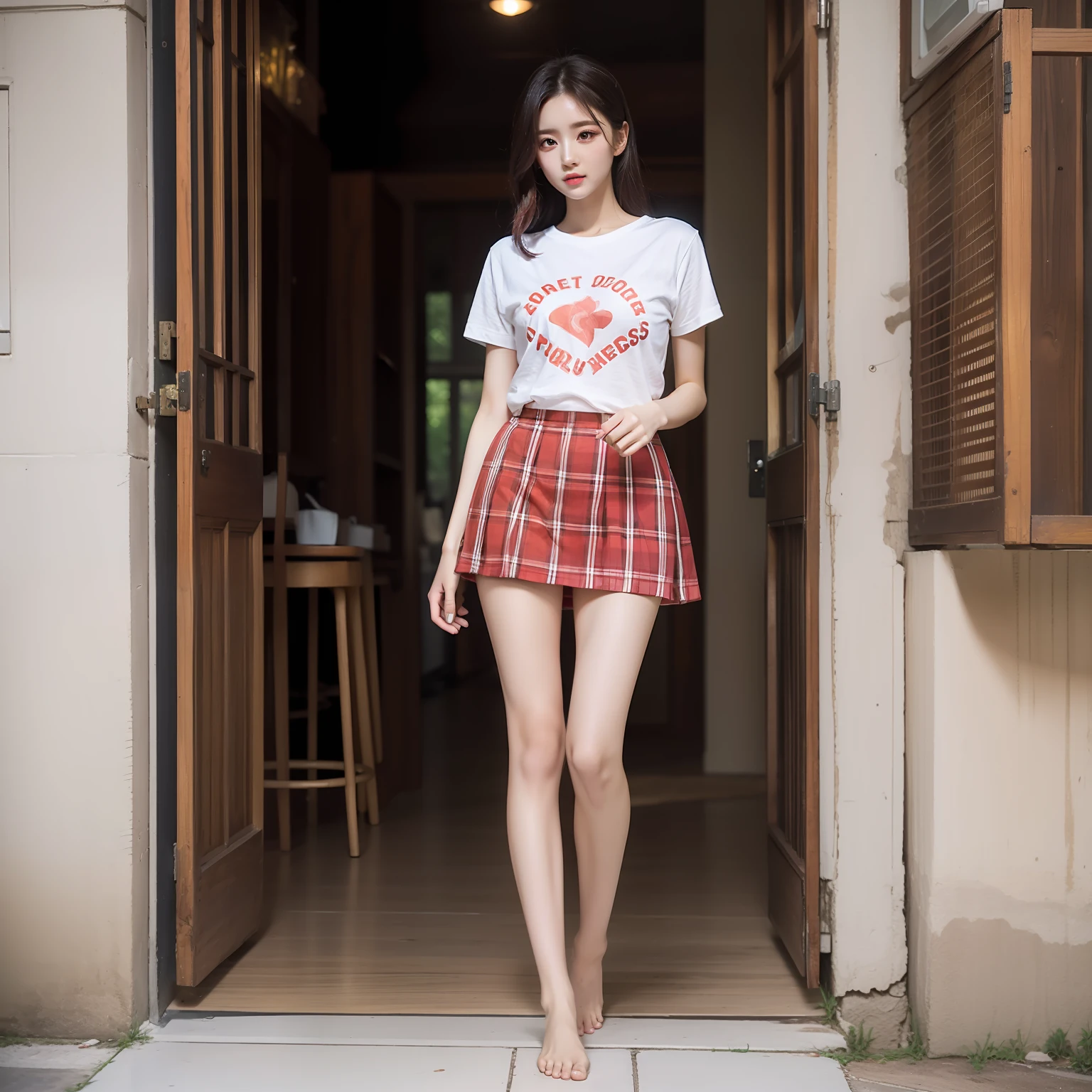 A woman in a short T-shirt skirt，Height 1.8 meters，Tall，Laterally divided hair，Barefoot，eye makeup，perfect bodies，Amazing