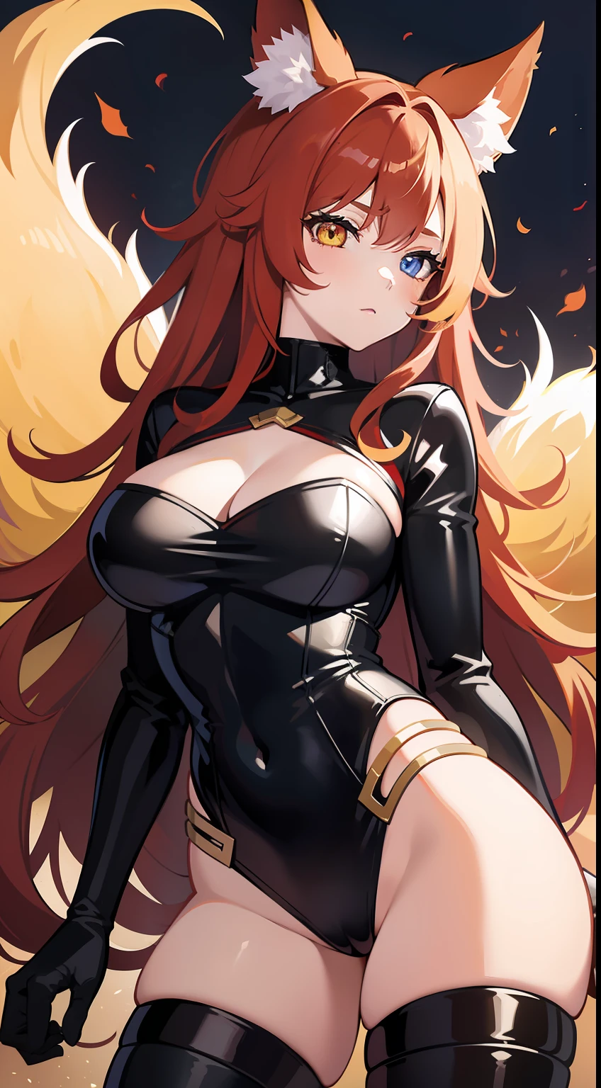 Adult woman, long red curly hair, Heterochromia, red and yellow eyes, fox ears and tails, The superhero uniform is red, open hips, fire, Masterpiece, hiquality