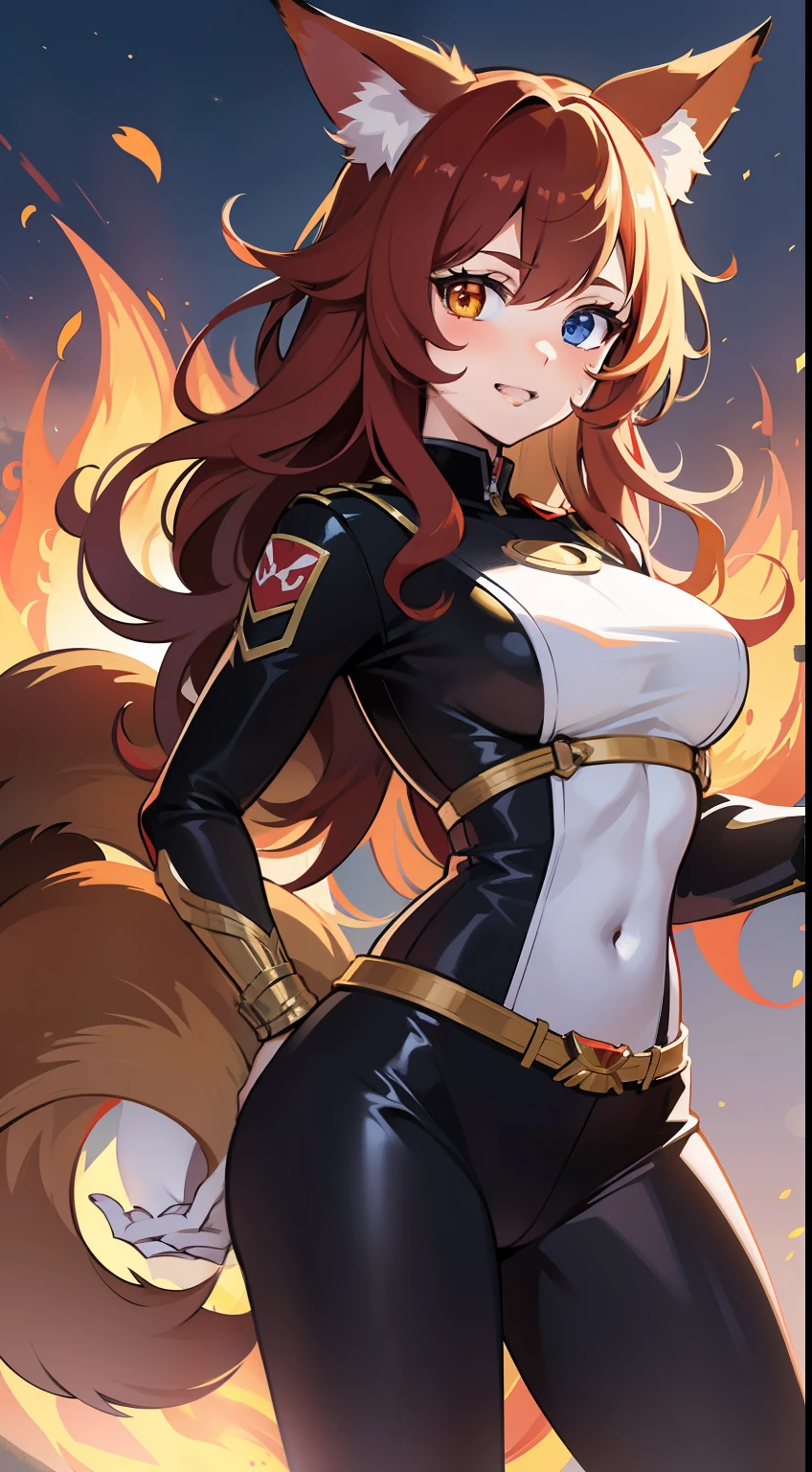 Adult woman, long red curly hair, Heterochromia, red and yellow eyes, fox ears and tails, The superhero uniform is red, open hips, fire, Masterpiece, hiquality