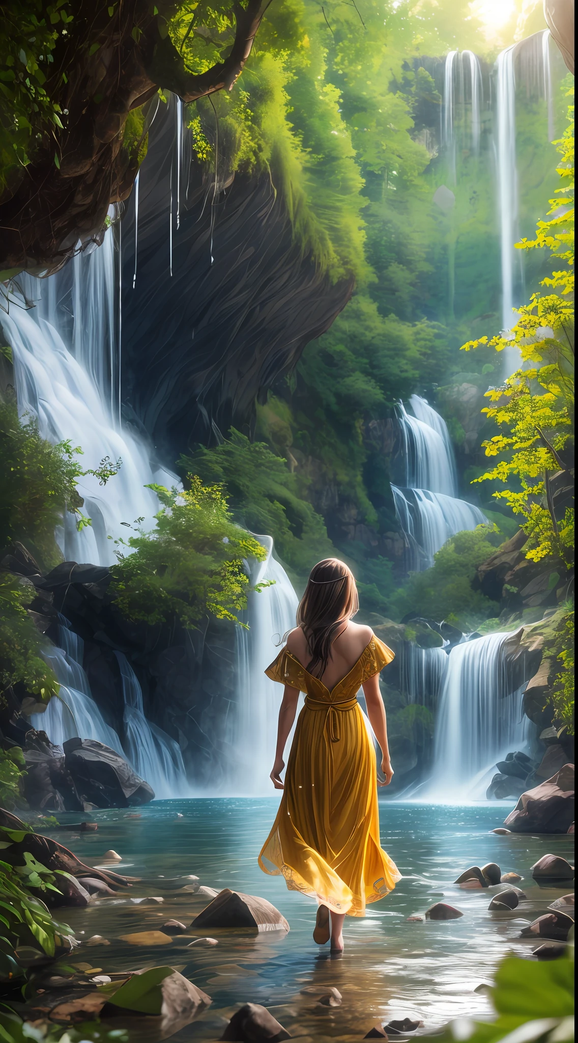 1girl, realistic beautiful young woman, wearing colorful dress, waterfall, walking under the waterfall, with her back to the audience, ethereal beauty, full body, character ratio is only 1/8, lake surface, ((large grove)), Tyndall ray, realism, cinematic lighting, ray tracing, optical illusion, lens flare, 120mm, f/1.2, sony fe gm, ultra hd, retina, masterpiece, ((best quality)), ((masterpiece)), (very detailed: 1.3)
