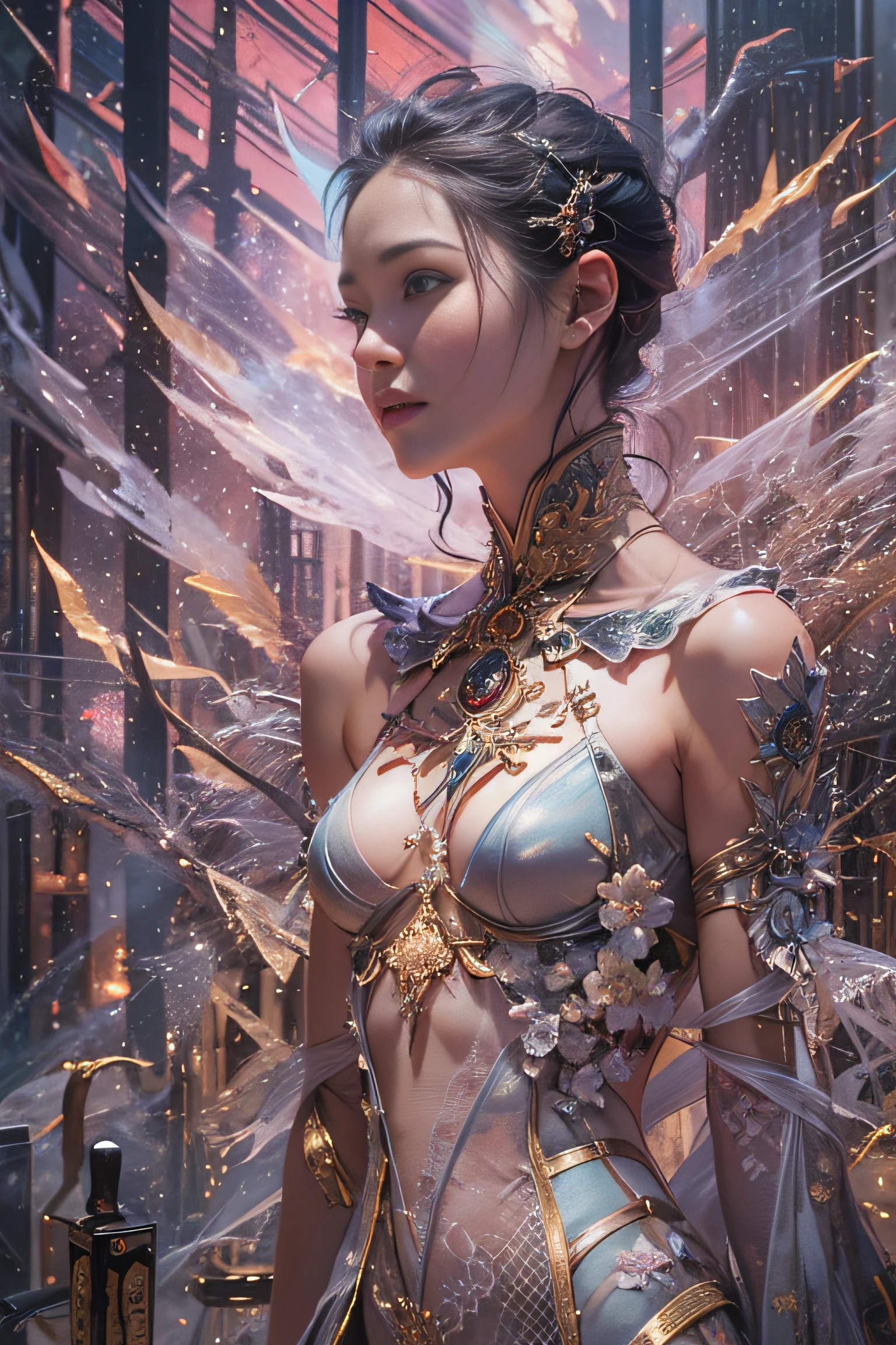 1girl in, Cubist Futurism, romanticism, Contemporary art, Realism, Genre painting, nffsw, Anatomically correct, Textured skin, high details, awardwinning, hight resolution, 8K,(Photoreal Stick:1.5)、Clean face、Detailed black eyes、Pretty eyes、Face of Details、perfectly proportions、(full body Esbian)、20yr old、angelicales、a little bit smile、(A person who gives everyone dreams)、(Beauty that captivates the viewer)、发optic、In the forest、Dreams、illusion、optic、llight rays、kirakira、Photoreal Stick、(Fractal Art:1.10)、Background blur、