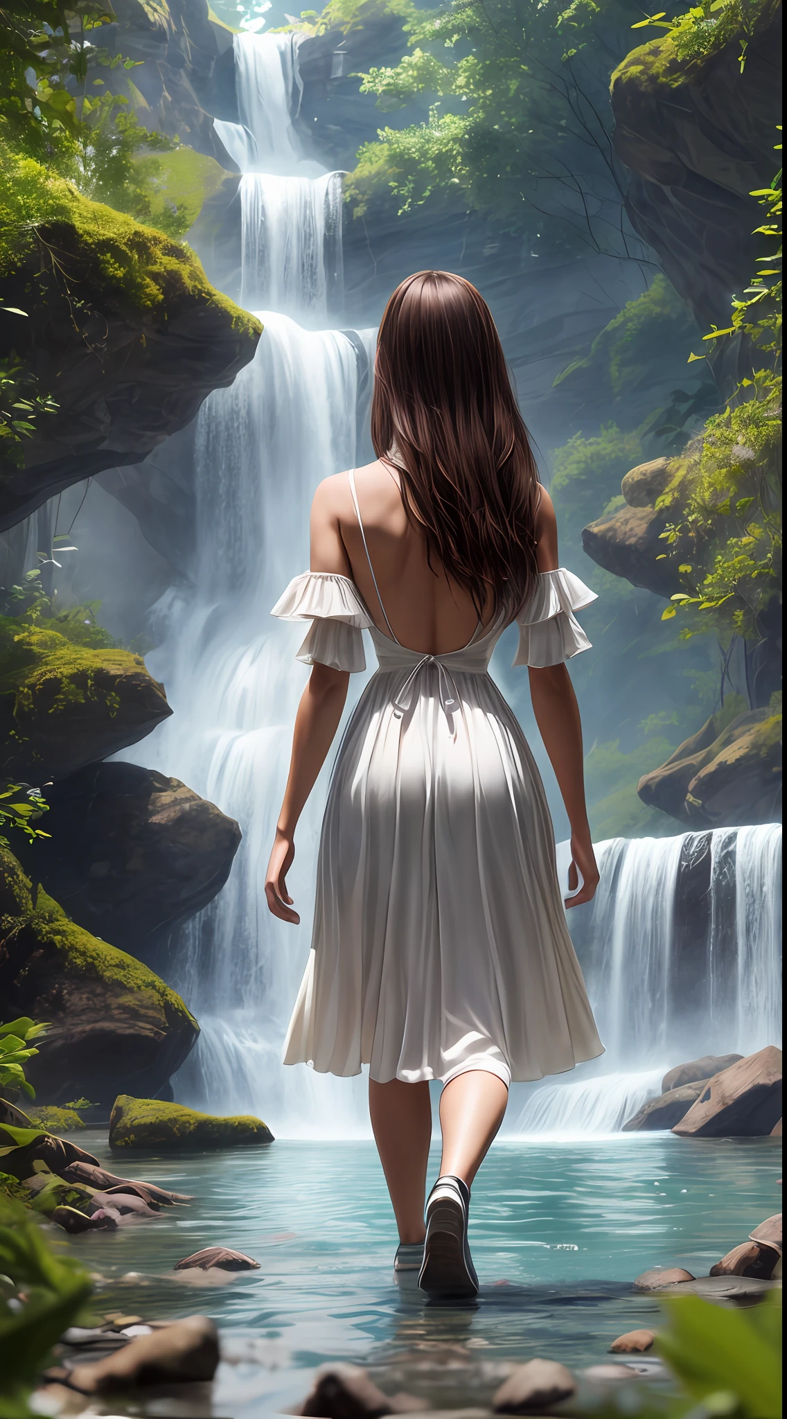 1girl, realistic beautiful young woman, wearing colorful dress, waterfall, walking under the waterfall, with her back to the audience, ethereal beauty, full body, character ratio is only 1/8, lake surface, ((large grove)), Tyndall ray, realism, cinematic lighting, ray tracing, optical illusion, lens flare, 120mm, f/1.2, sony fe gm, ultra hd, retina, masterpiece, ((best quality)), ((masterpiece)), (very detailed: 1.3)