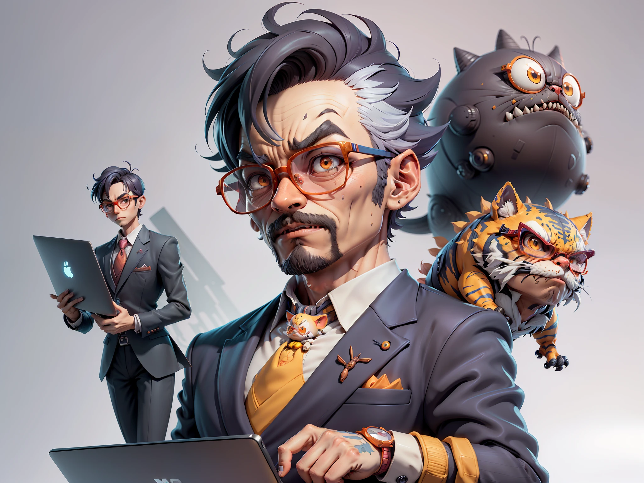 A young man in a suit, Short hair and glasses sat at his desk,holding laptop,digitial painting,tigre,3D character design by Mark Clairen and Pixar and Hayao Miyazaki and Akira Toriyama,4K HD illustration,Very detailed facial features and cartoon-style visuals。