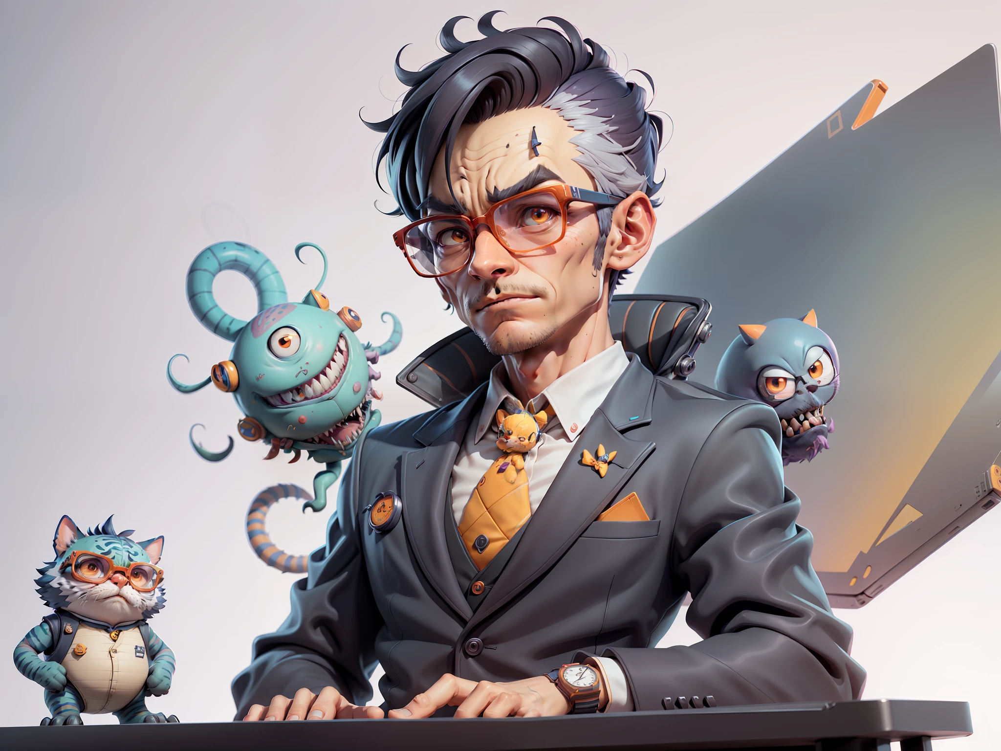 A young man in a suit, Short hair and glasses sat at his desk,holding laptop,digitial painting,tigre,3D character design by Mark Clairen and Pixar and Hayao Miyazaki and Akira Toriyama,4K HD illustration,Very detailed facial features and cartoon-style visuals。